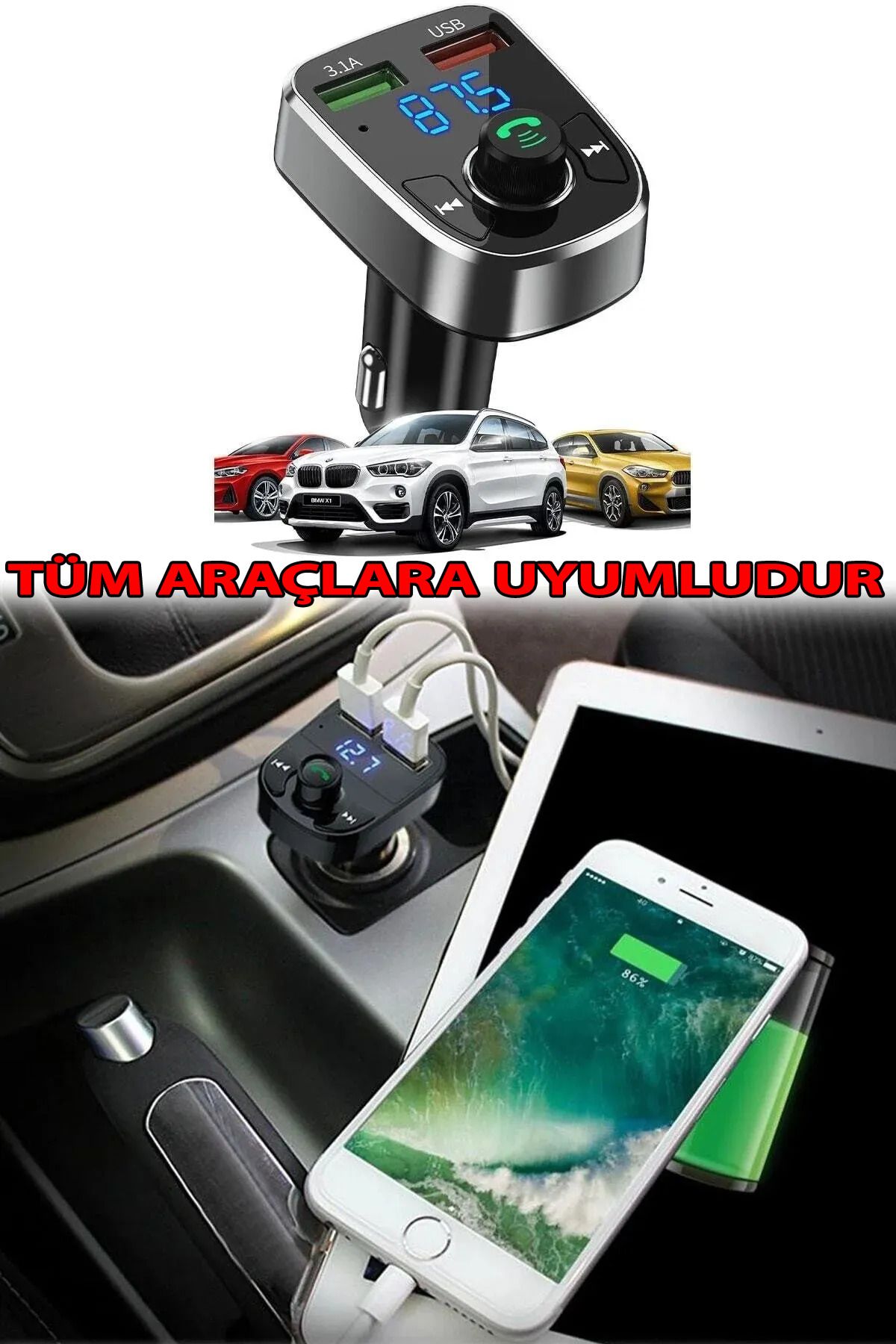 Universal Araç Bluetooth Kit Fm Transmitter Cihazı Araç Şarj Aleti Çakmaklık Müzik Kiti