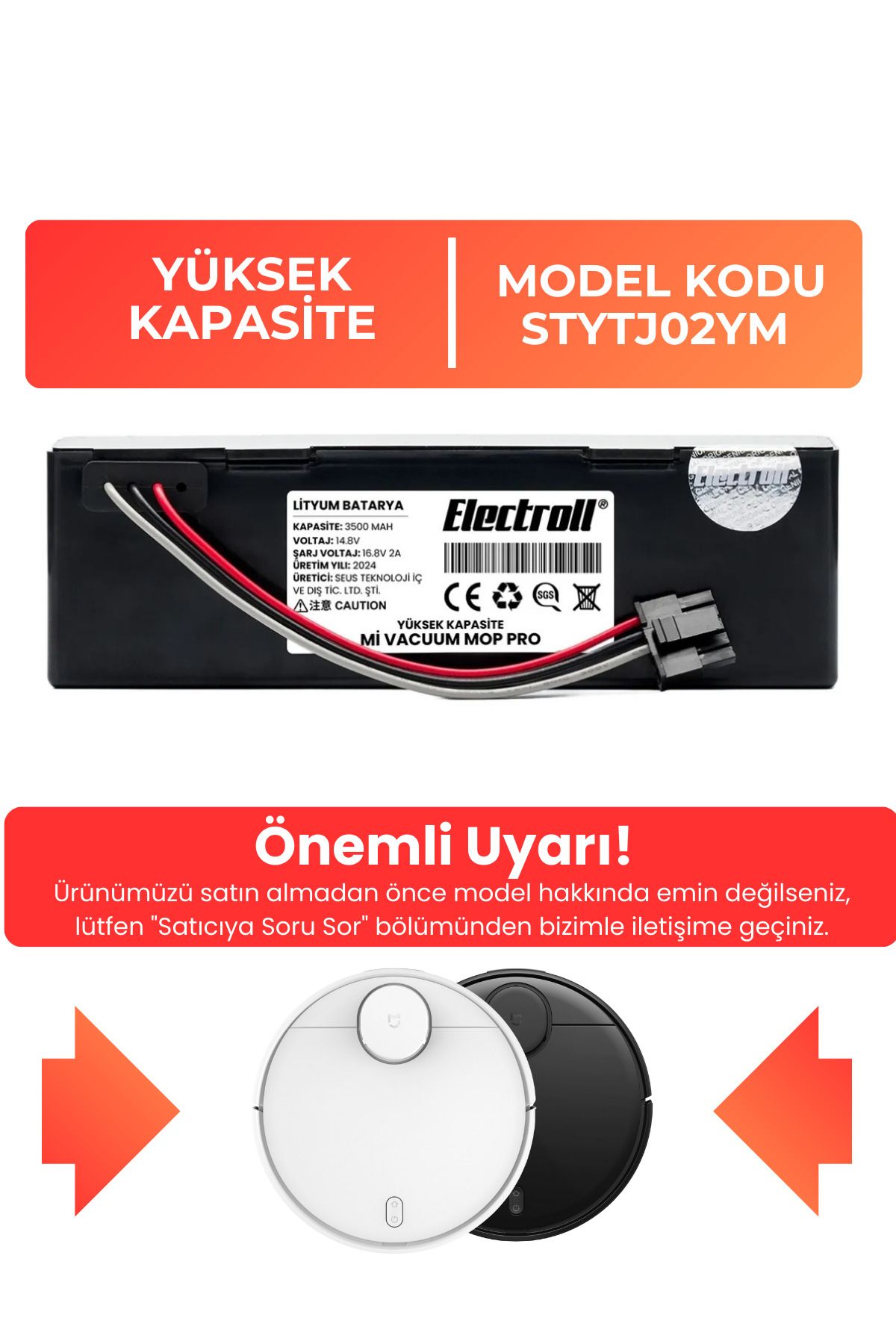 ELECTROLL Xiaomi Mi VacuumMop Pro Uyumlu Bata...