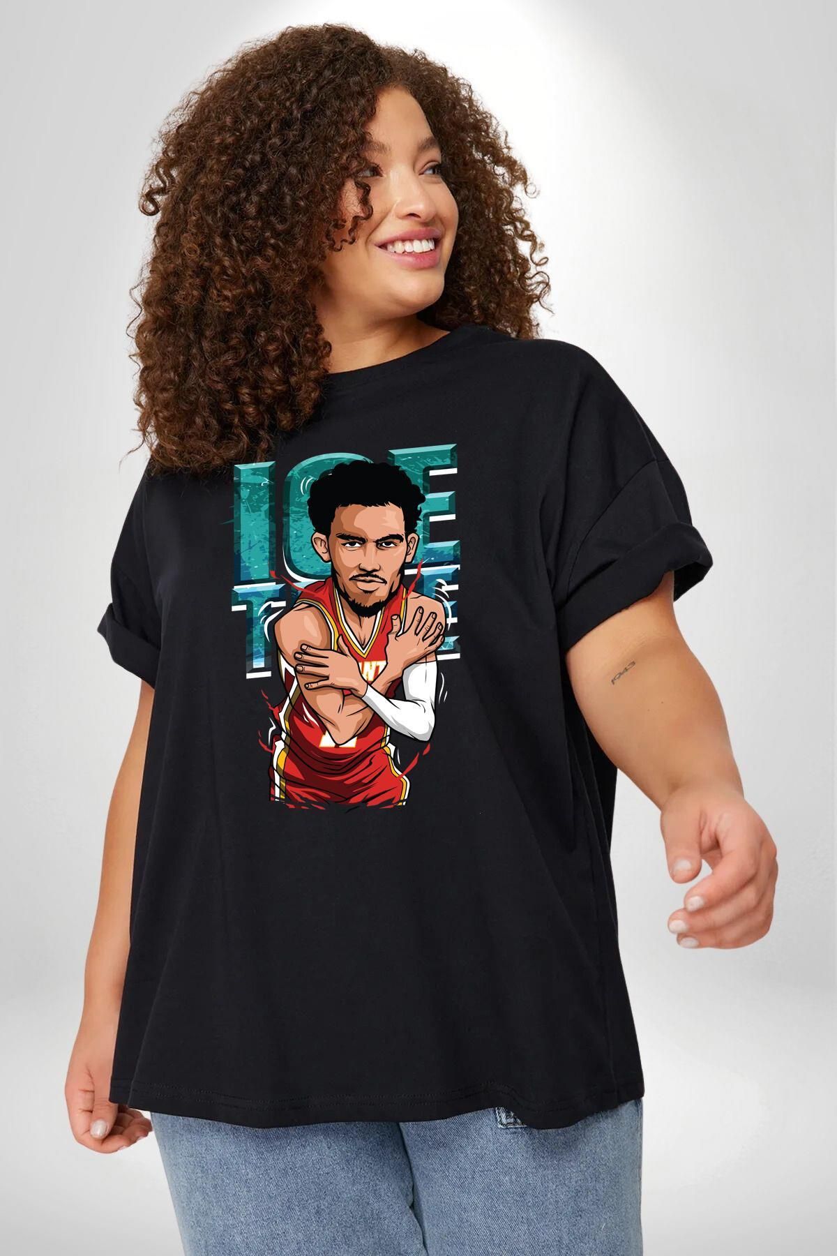 Trae Young Basketbol Oyuncusu Karikatür Atlanta Hawks Siyah Büyük Beden Erkek Kadın Unisex Basic Ön