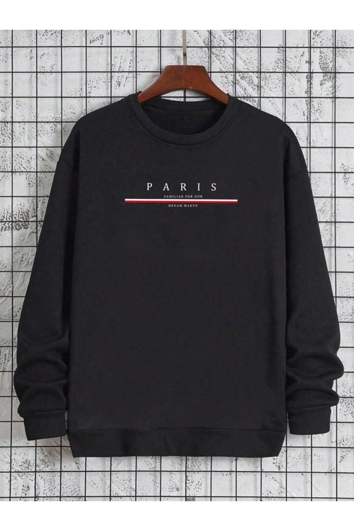 Erkek Siyah Paris Baskılı Bisiklet Yaka Sweatshirt