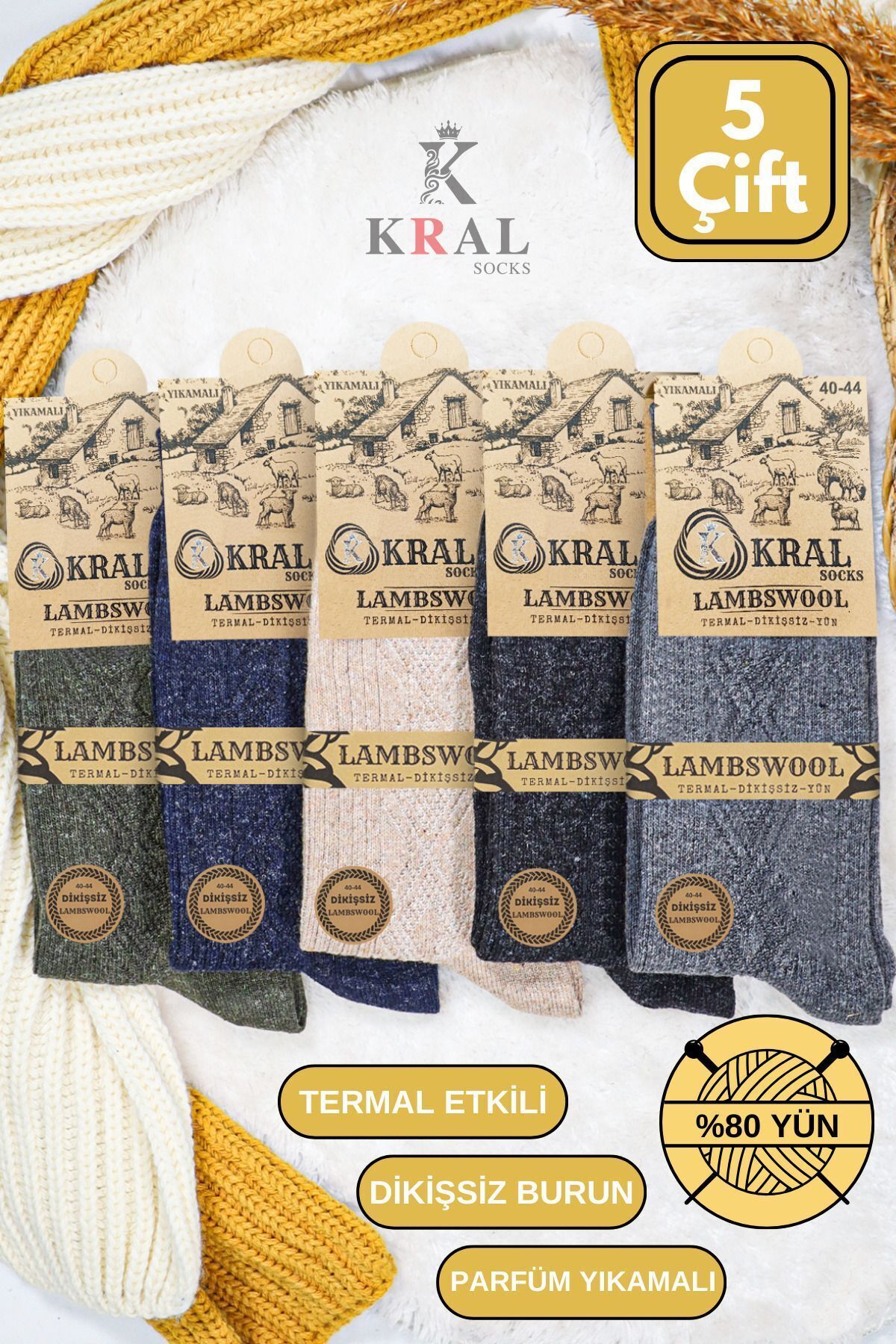 Erkek Kışlık (5 ÇİFT) Lambswool Yün Çorap Termal Etkili Dikişsiz