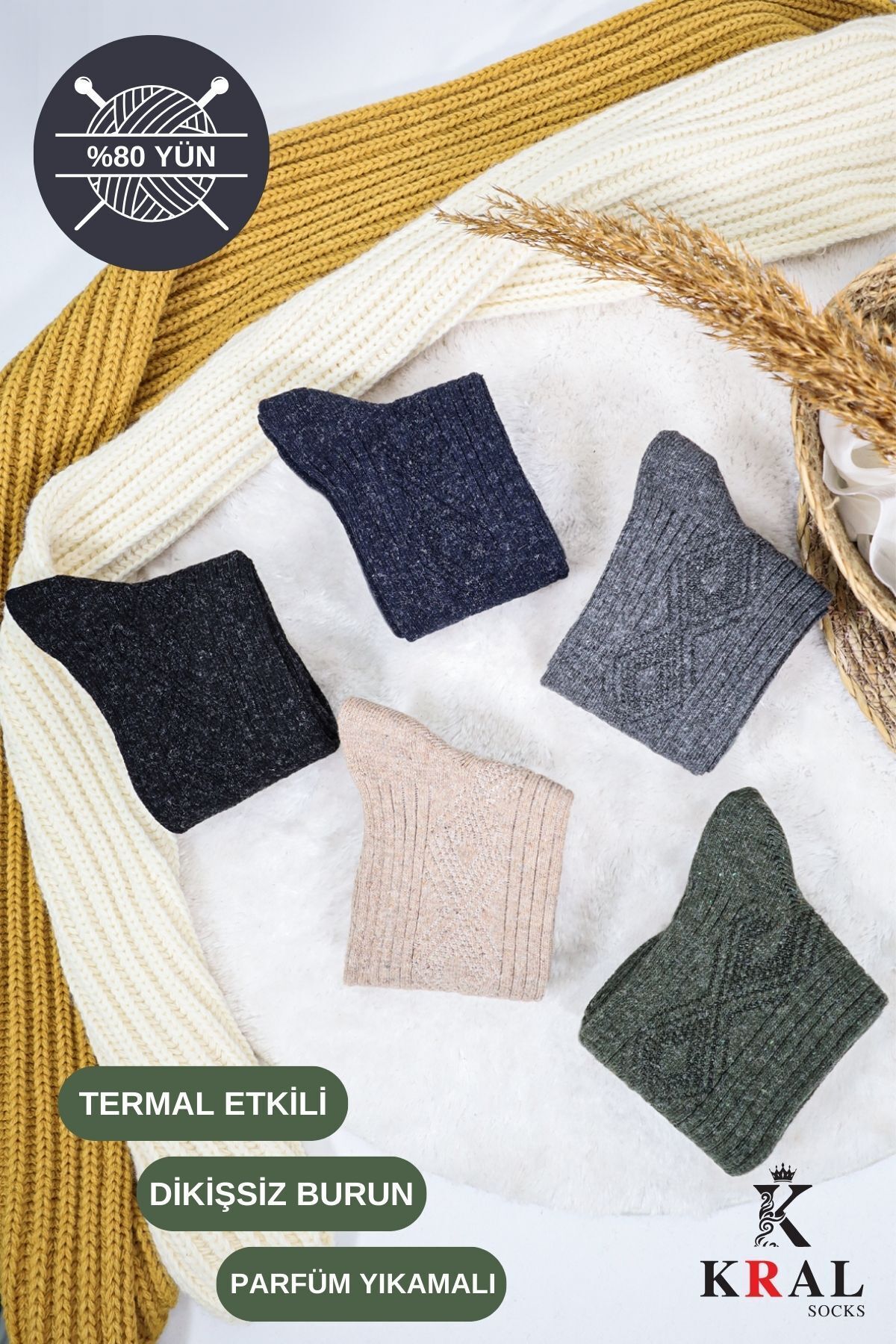 Erkek Kışlık Termal Etkili (5'li Paket) Lambswool Kuzu Yünlü Çorap