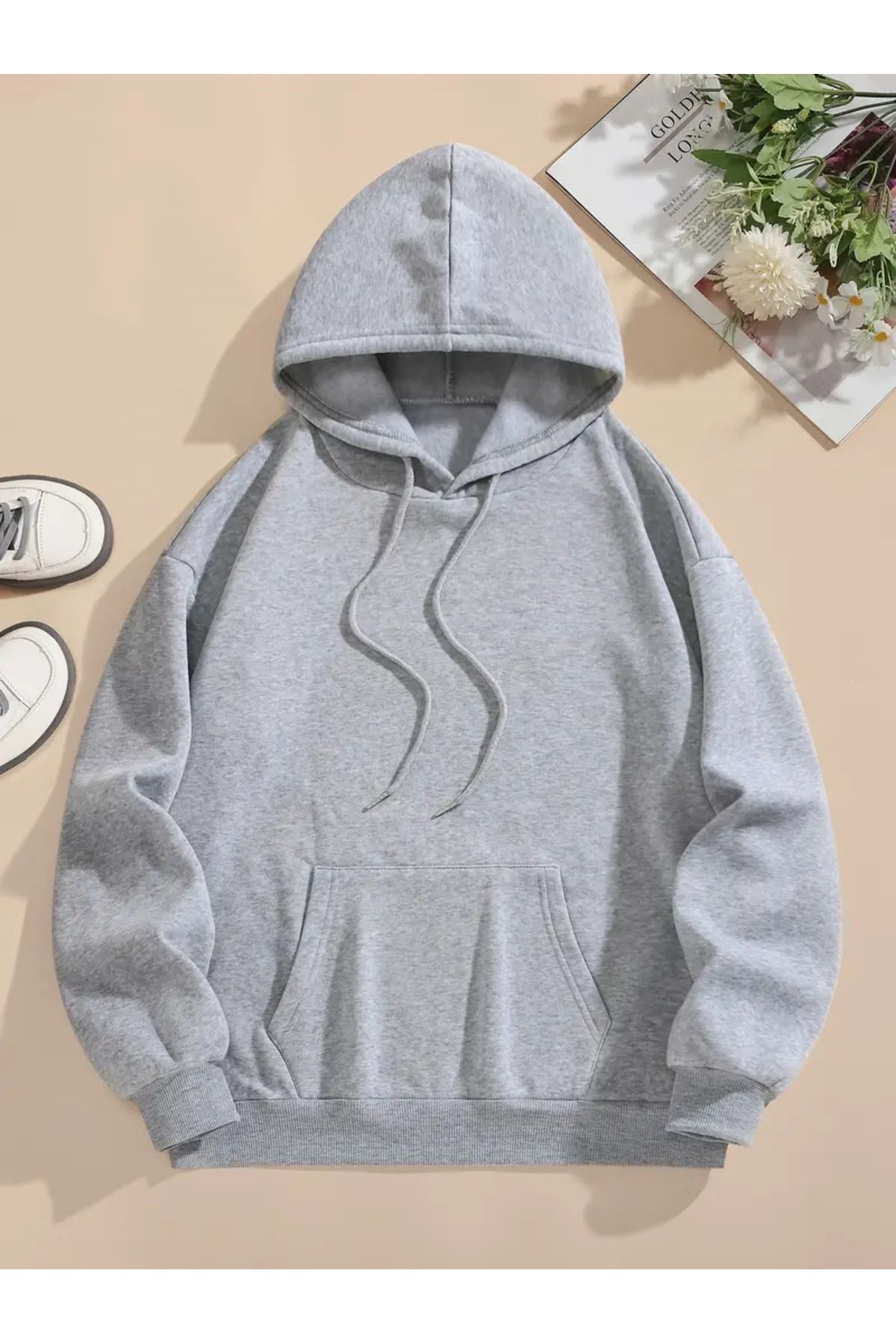 Gramix Baskılı Oversize Kapüşonlu Gri Sweatshirt