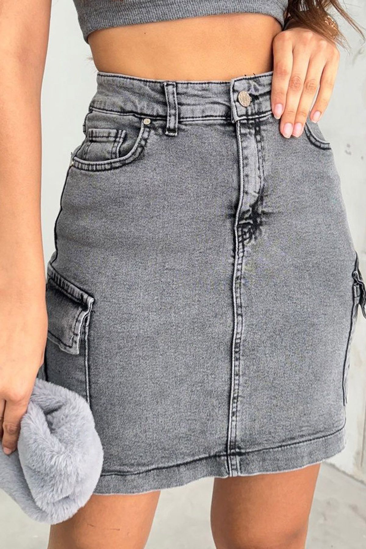 Slim Fit Kalıp Beş Cepli ve Kargo Cepli Likralı Seksi Yıkamalı Yüksek Belli Kısa Denim Jean Etek