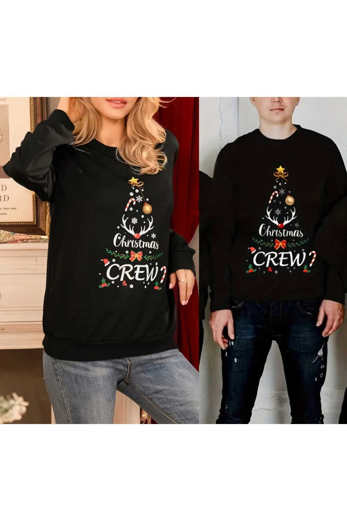 Yılbaşı Noel Konsept Christmas Baskılı Çift Kombini Bisiklet Yaka Oversize Sweatshirt Unisex