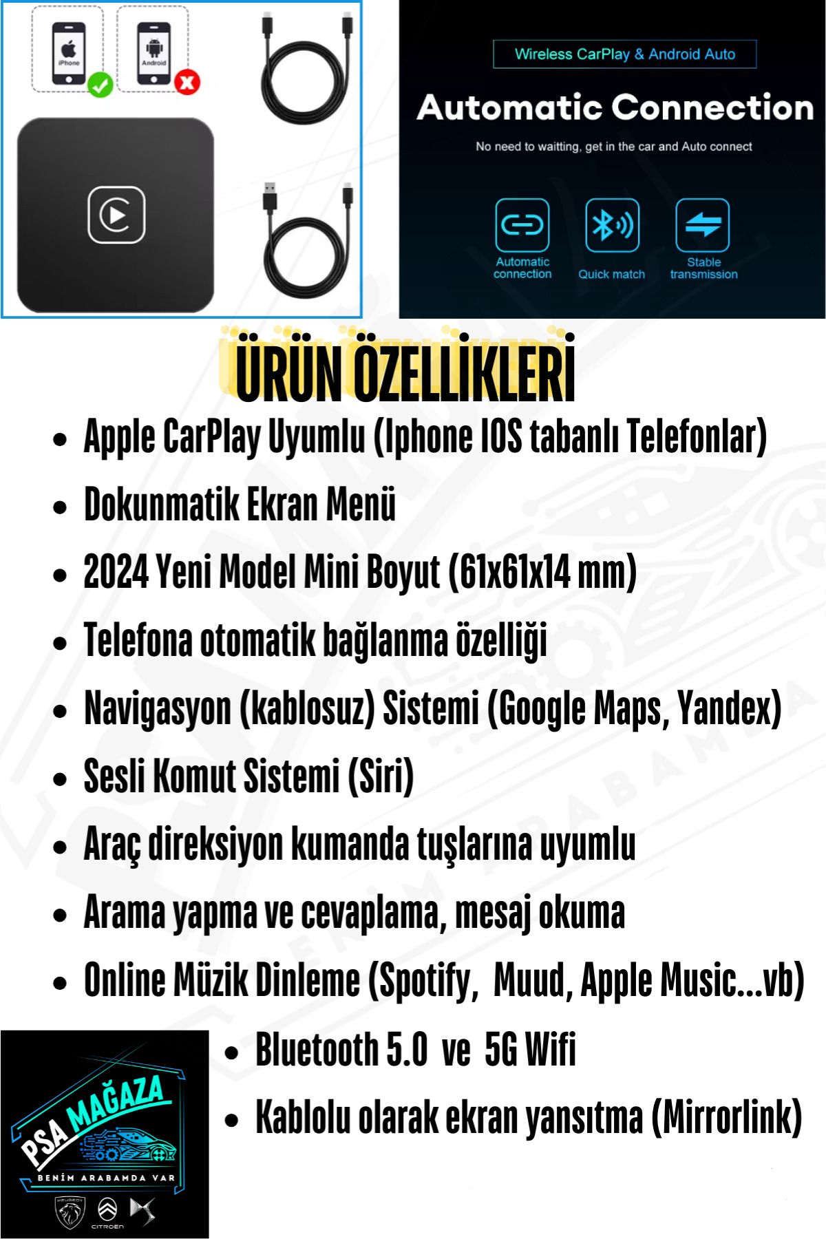 Kablosuz CarPlay Cihazı iPhone Navigasyon [2024 Yeni Sürüm Mini Model] Sadece iPhone İOS Uyumlu