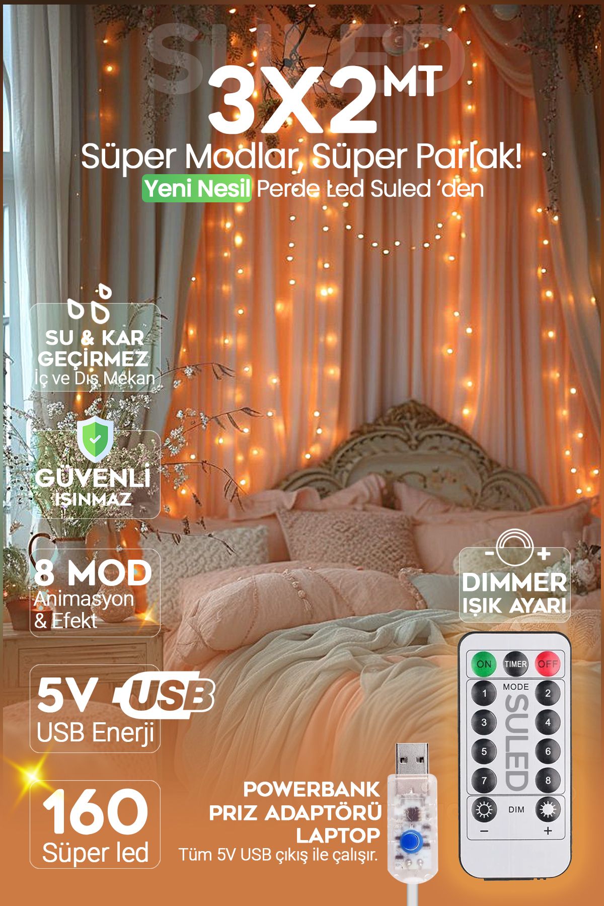 SULEDPerde Led 3X2 Metre 160Süper Led USB'li...