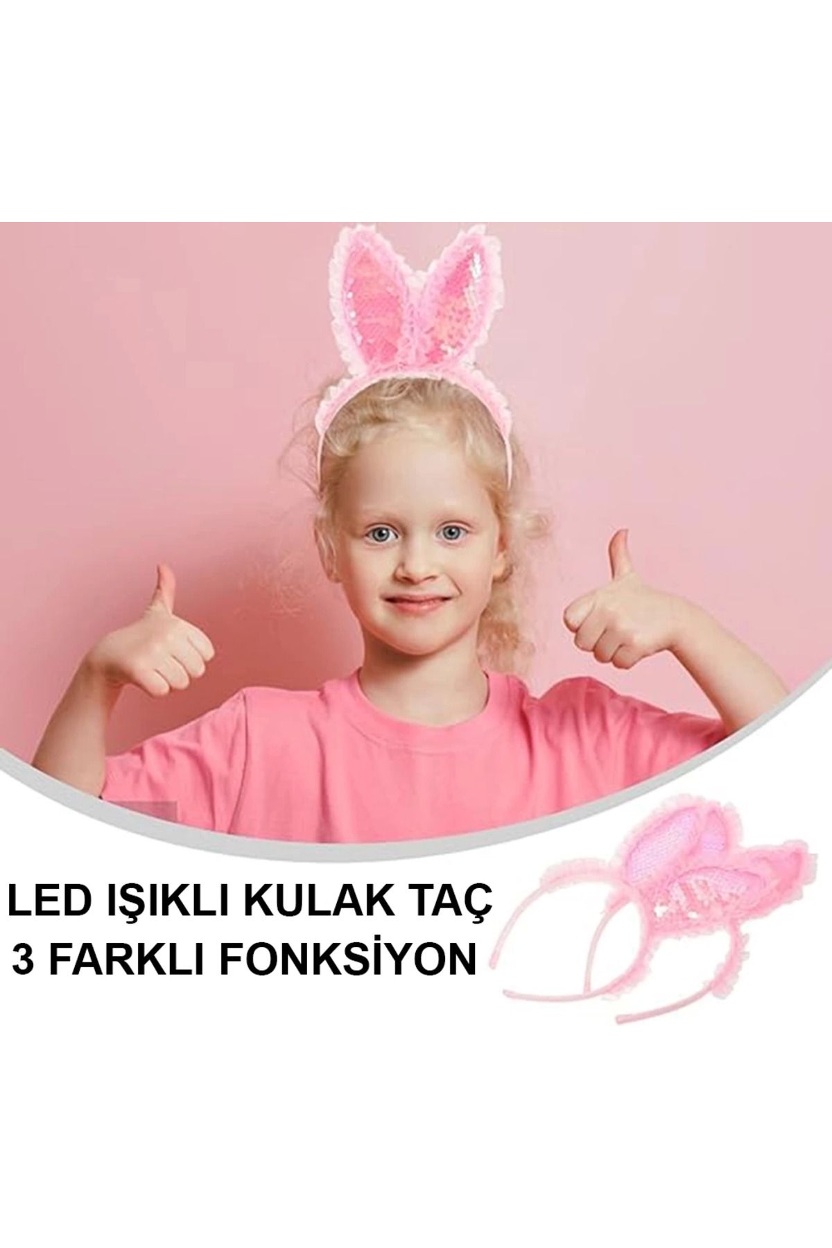 Kenarları Dantelli Pembe Pullu Payetli Led Işıklı Tavşan Kulak 23x19 Cm