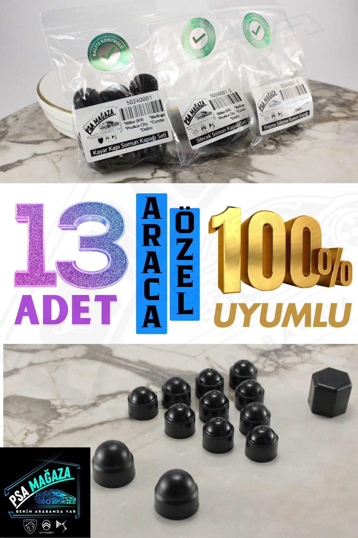 Peugeot Citroen Somun Kapağı Seti {13 ADET} %100 Uyumlu SET (Rifter,Berlingo,Combo,ProaceCity,Doblo)