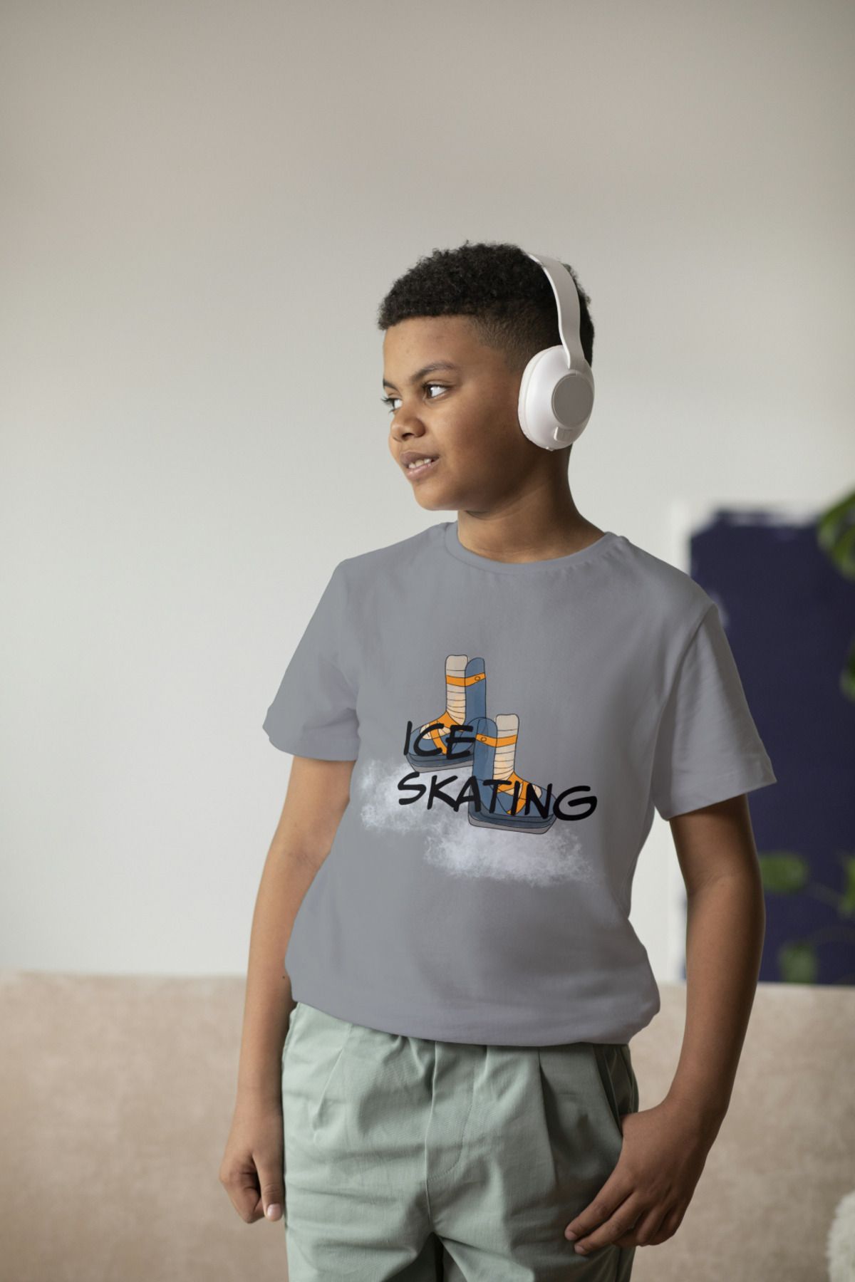 Erkek Çocuk %100 Pamuk Premium Ice Skating Baskılı Kısa Kol Tshirt