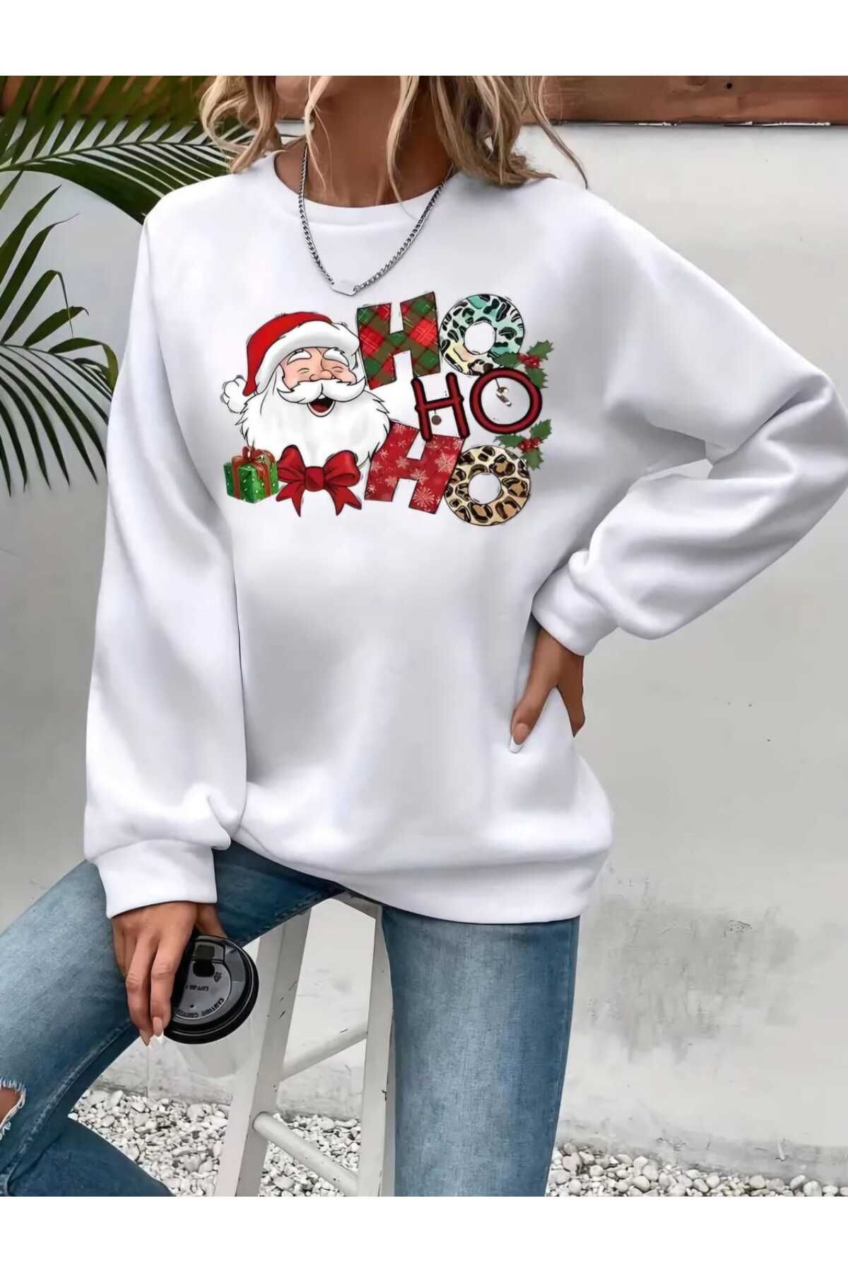 Yılbaşı Yeni Yıl Konsept Ho Ho Ho Baskılı Bisiklet Yaka Oversize Sweatshirt Unisex