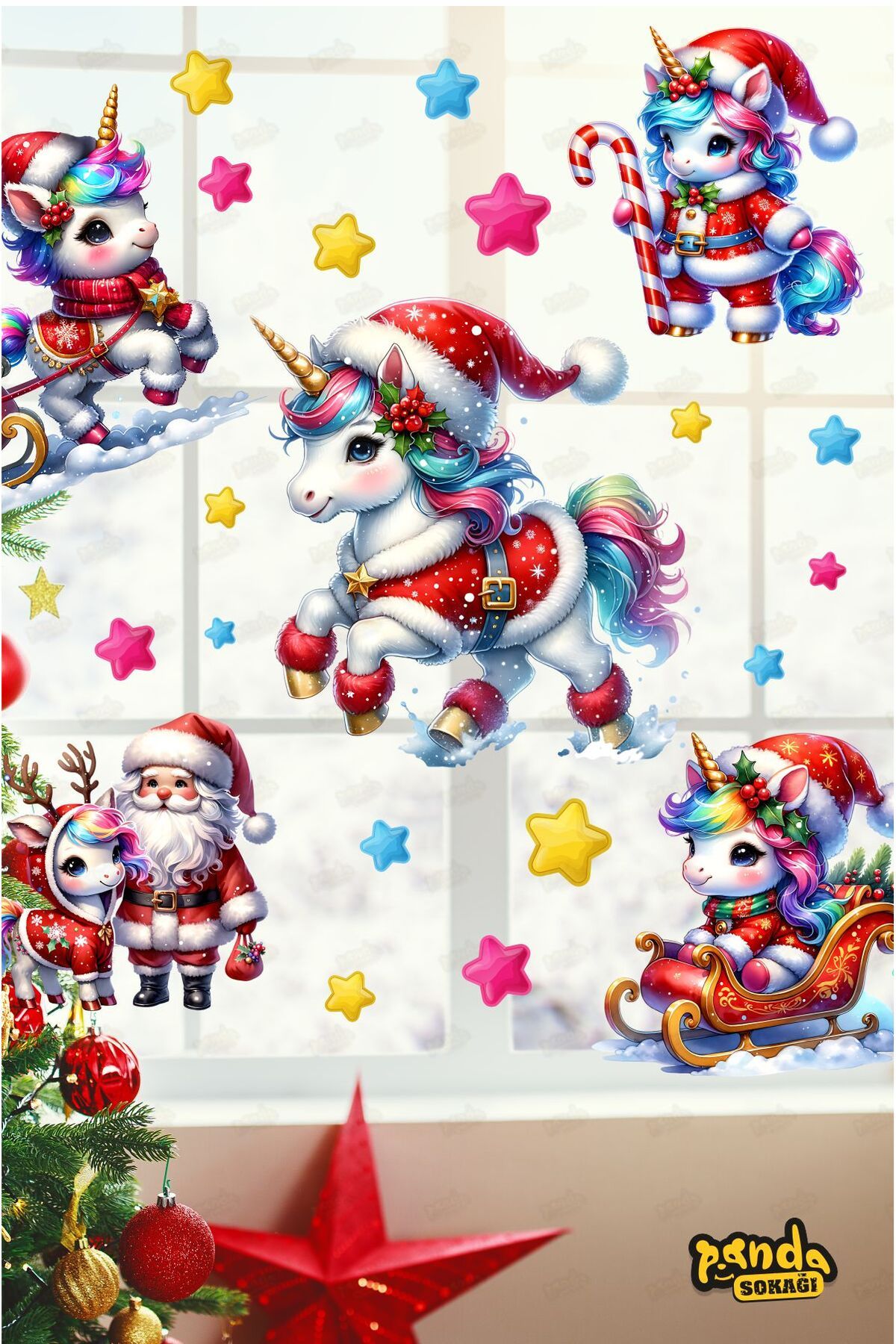 Yeni Yıl Renkli Unicorn ve Noel Baba Sticker Seti, Yeni Yıl Unicorn Duvar, Çocuk Odası, Cam