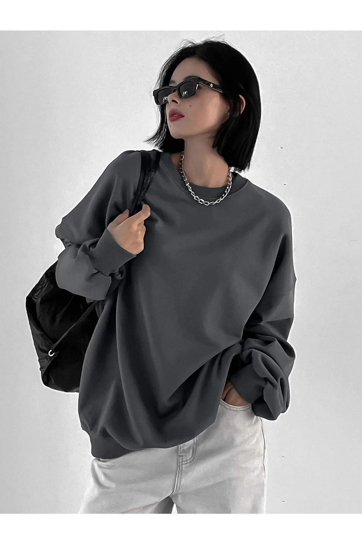 Füme Kalın Sweatshirt - Oversize Şardonlu Bisiklet Yaka