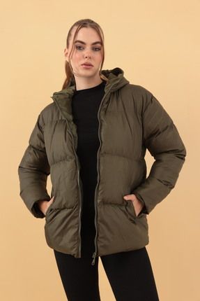کت بادکنکی زنانه هودی به رنگ خاکی