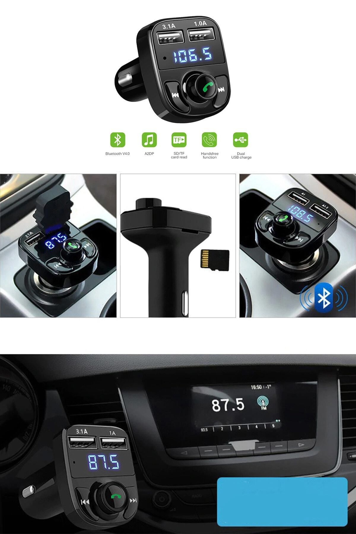 Universal Araç Bluetooth Kit Fm Transmitter Cihazı Araç Şarj Aleti Çakmaklık Müzik Kiti