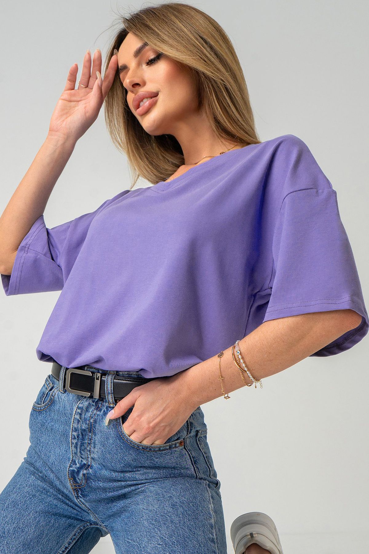 Pamuklu Likralı Kadın V Yaka Baskısız Oversize Düz T-shirt Basic Mavi Mor