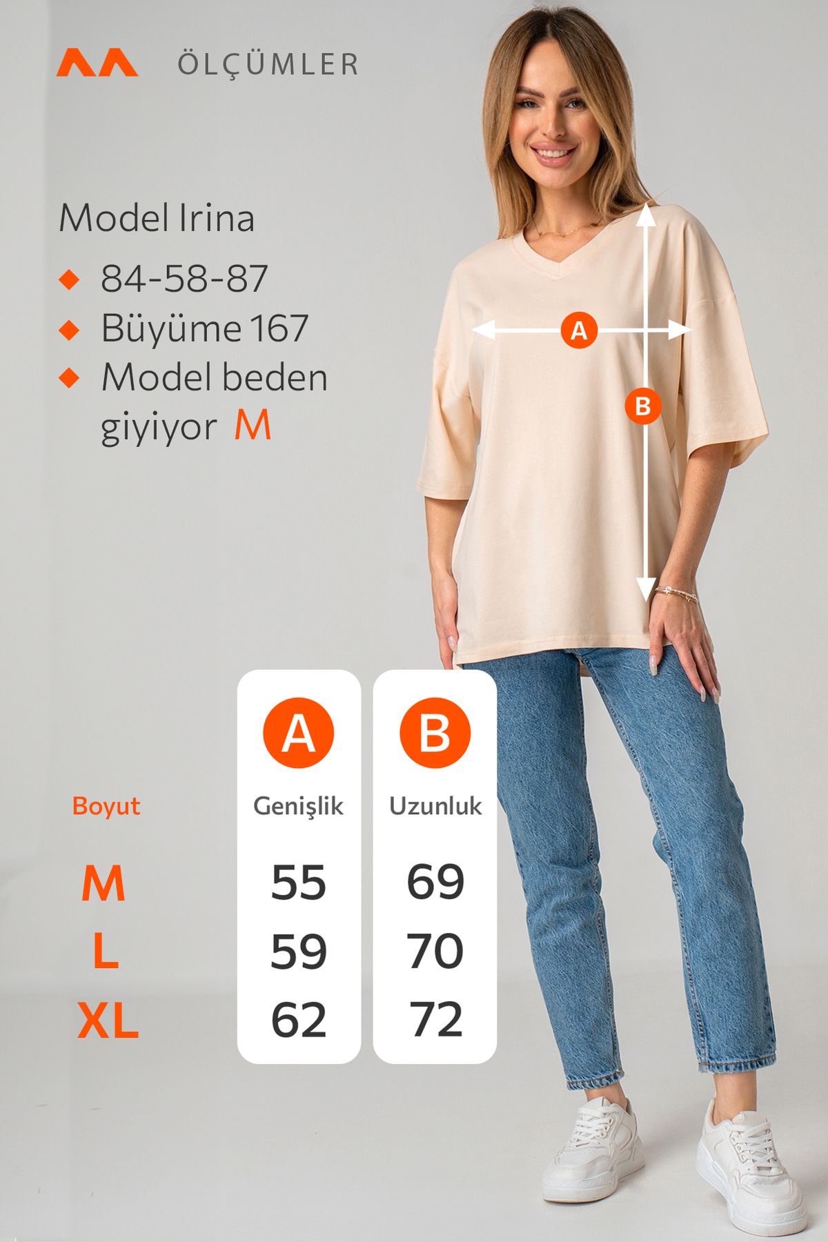 Pamuklu Likralı Kadın V Yaka Baskısız Oversize Düz T-shirt Basic Vanilya