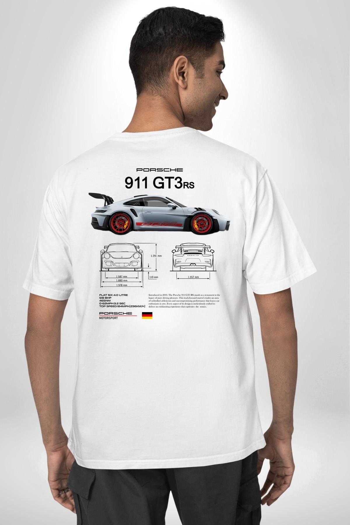 Porche 911GT3 RS Yarış Araba Beyaz Oversize Kadın Erkek Ön ve Sırt Baskılı Tişört