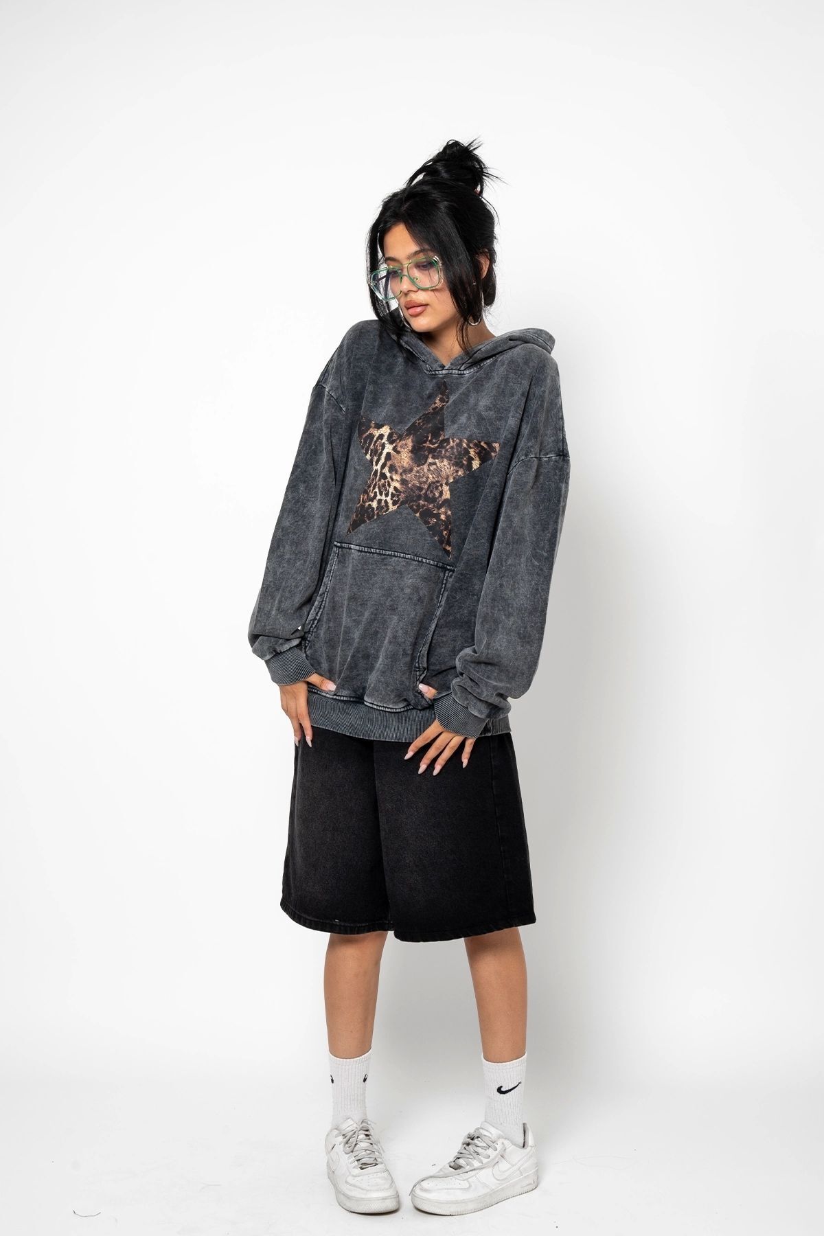 Leopar Starz Baskılı Oversize Unisex Premium Yıkamalı Siyah Hoodie