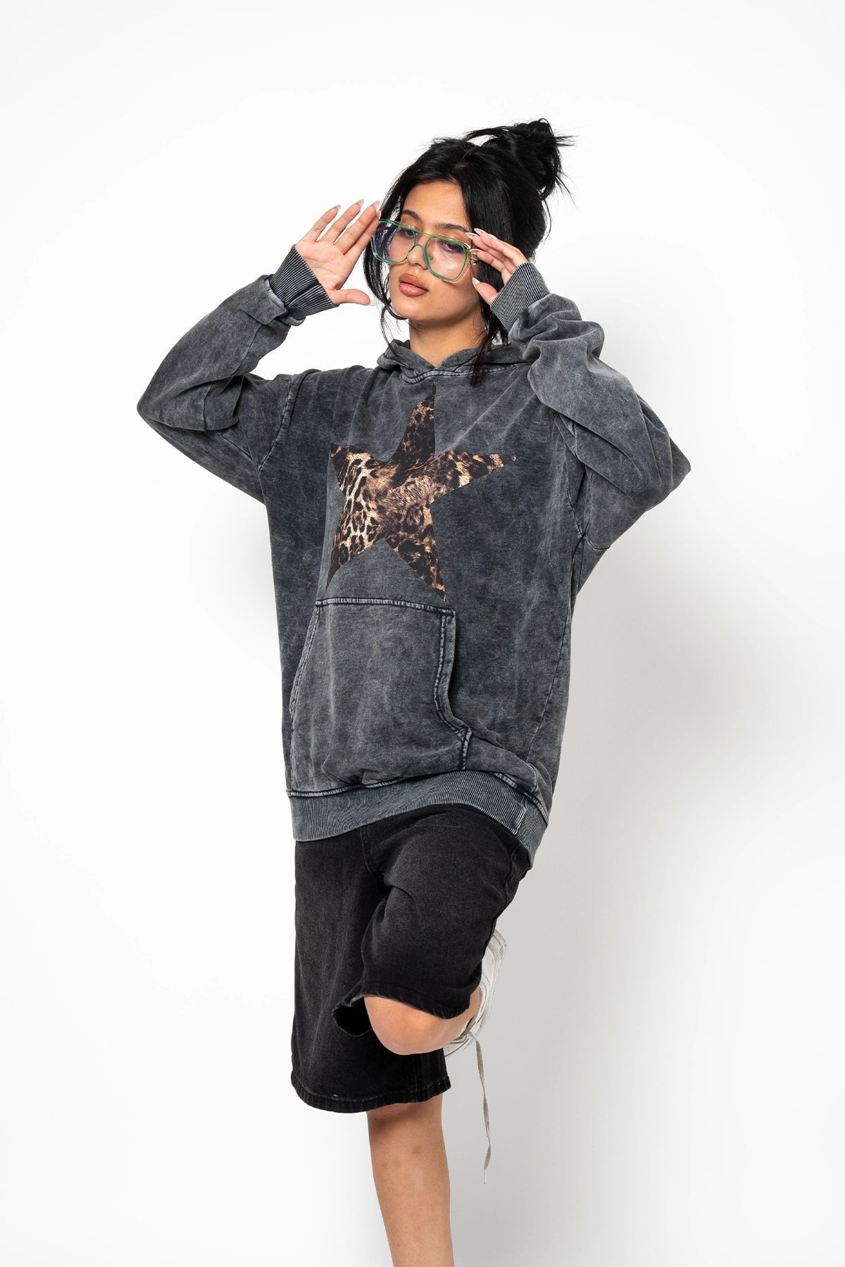 Leopar Starz Baskılı Oversize Unisex Premium Yıkamalı Siyah Hoodie