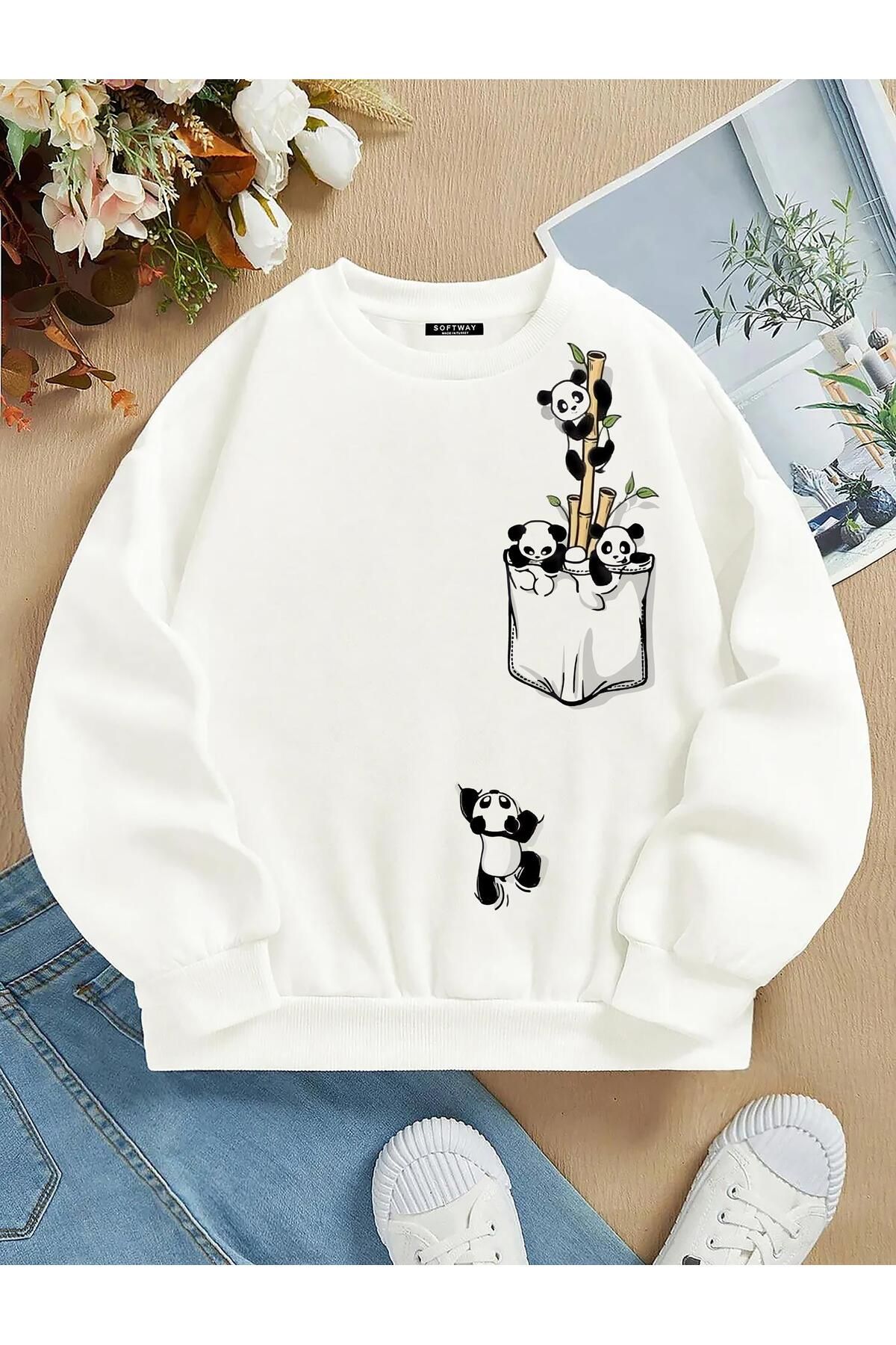 Unisex Oversize Bisiklet Yaka Basic Climbing Panda Baskılı Sweatshirt - EKRU