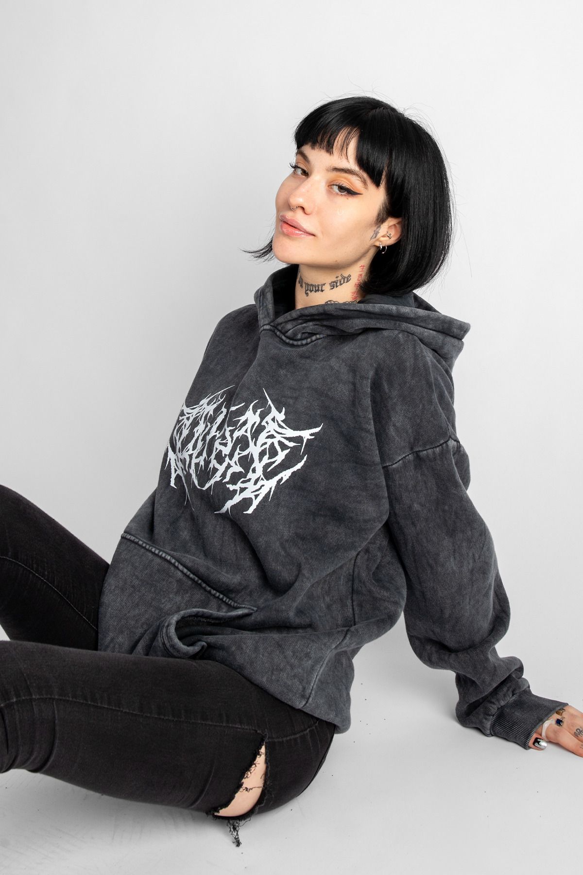 Yıkamalı Dusk Baskılı Oversize Unisex Füme Hoodie