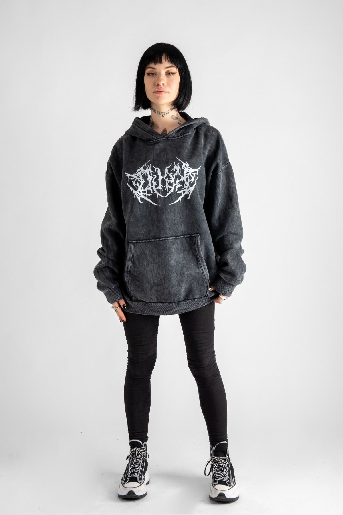 Yıkamalı Dusk Baskılı Oversize Unisex Füme Hoodie