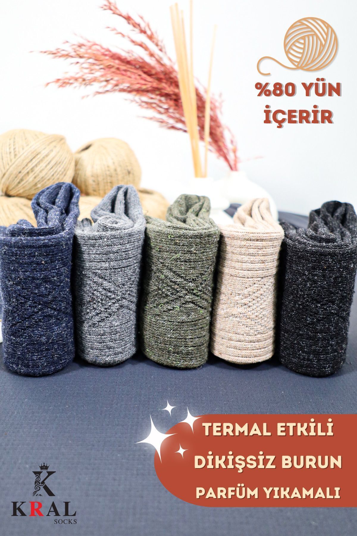 Erkek Kışlık (5 ÇİFT) Lambswool Yün Çorap Termal Etkili Dikişsiz