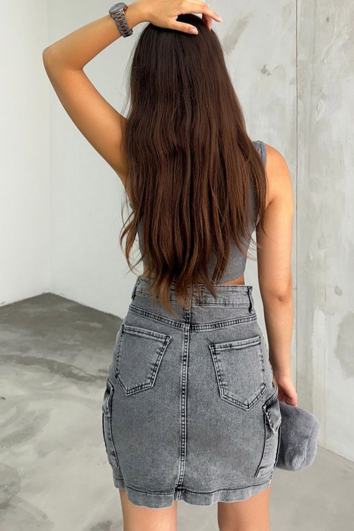 Slim Fit Kalıp Beş Cepli ve Kargo Cepli Likralı Seksi Yıkamalı Yüksek Belli Kısa Denim Jean Etek