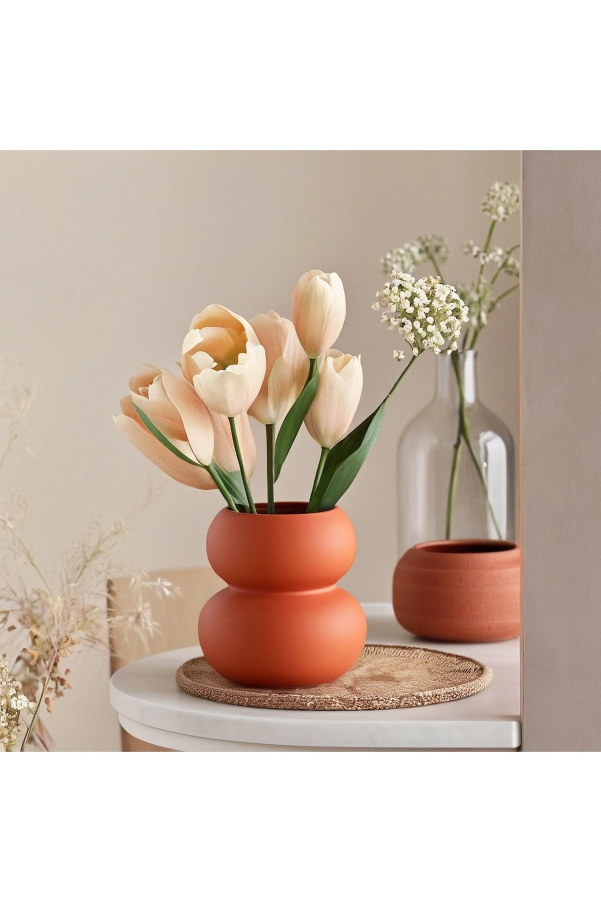 İskandinav Tarzı Dekoratif  Seramik Vazo Terracotta Rengi 15 cm