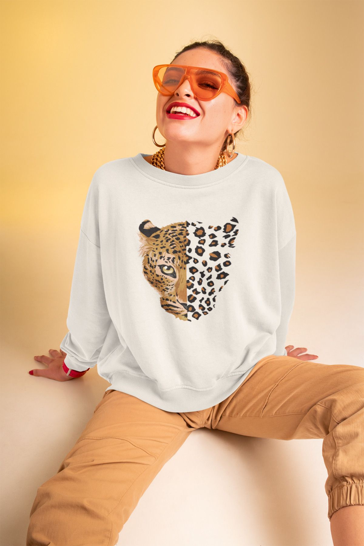 SUNFREE Leopar Model KadınSweatshirt - Oversi...