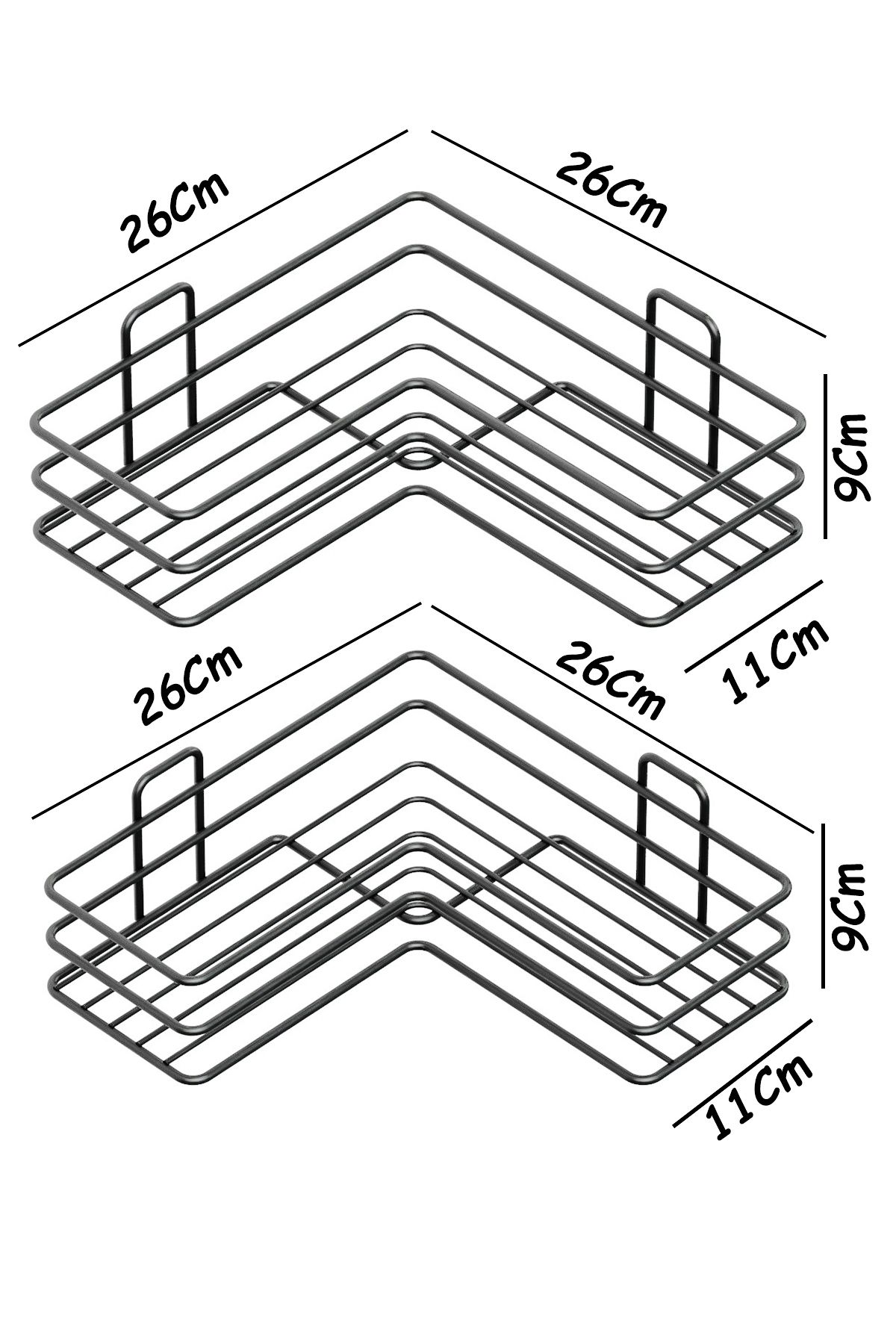 Yapışkanlı 2 Adet Banyo Köşeliği Köşe Rafı Duş Şampuanlık Duvar Düzenleyici OrganizerRaf Siyah Metal