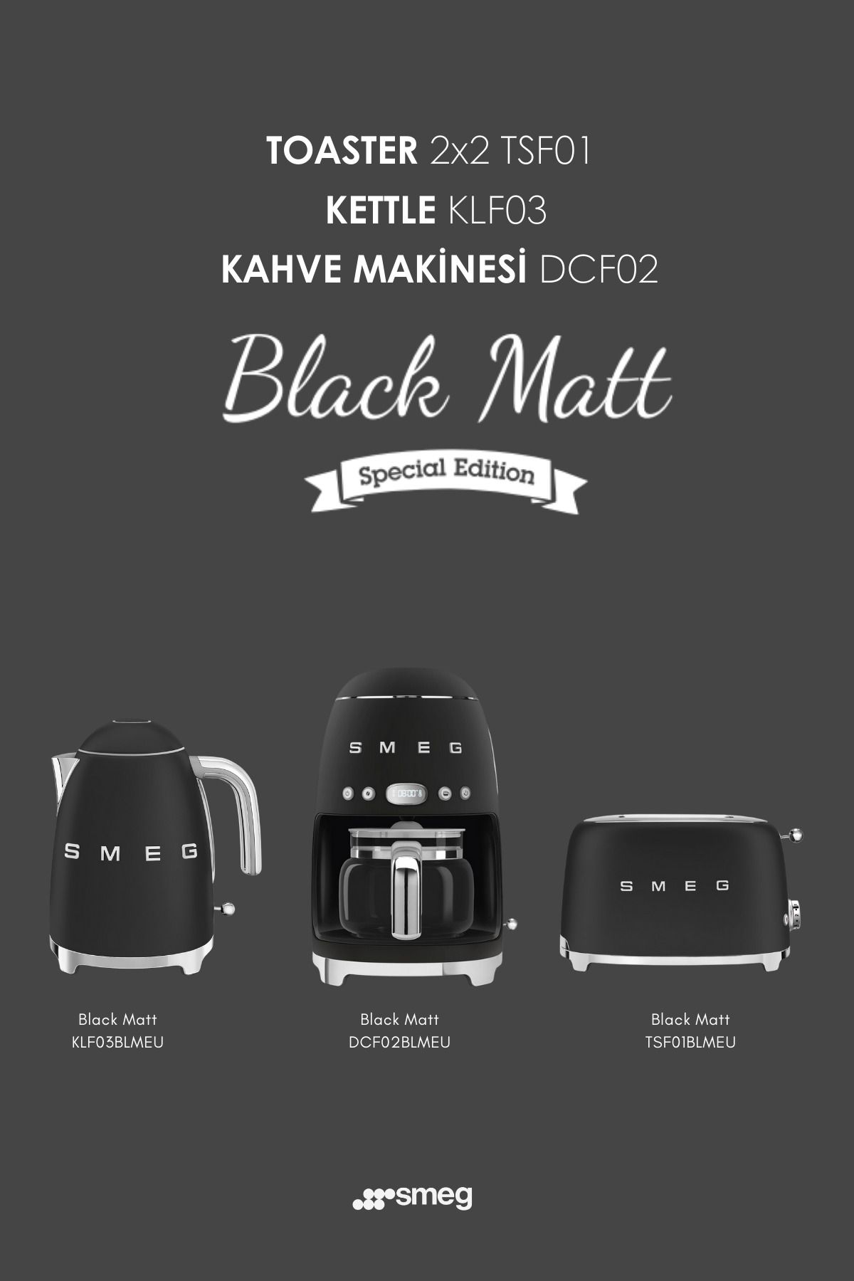 Smeg50'S Style Mat SiyahToaster & Kettle ve F...