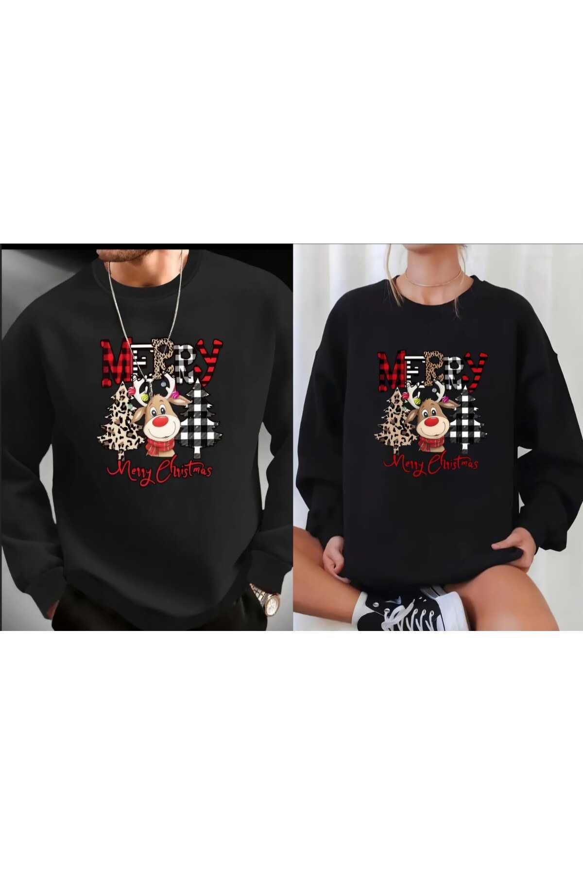 Yılbaşı Yeni Yıl Çift Kombini Baskılı Bisiklet Yaka Oversize Sweatshirt Unisex