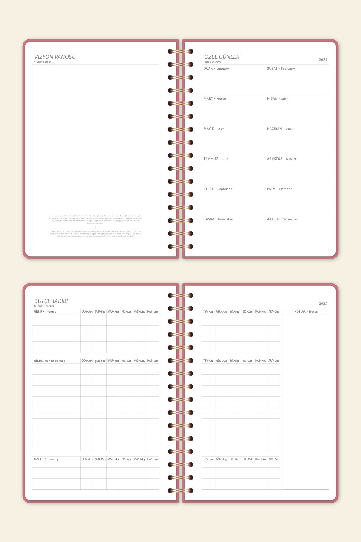 2025 A5 Spiralli Keten Haftalık Ajanda 12 Aylık - Pembe