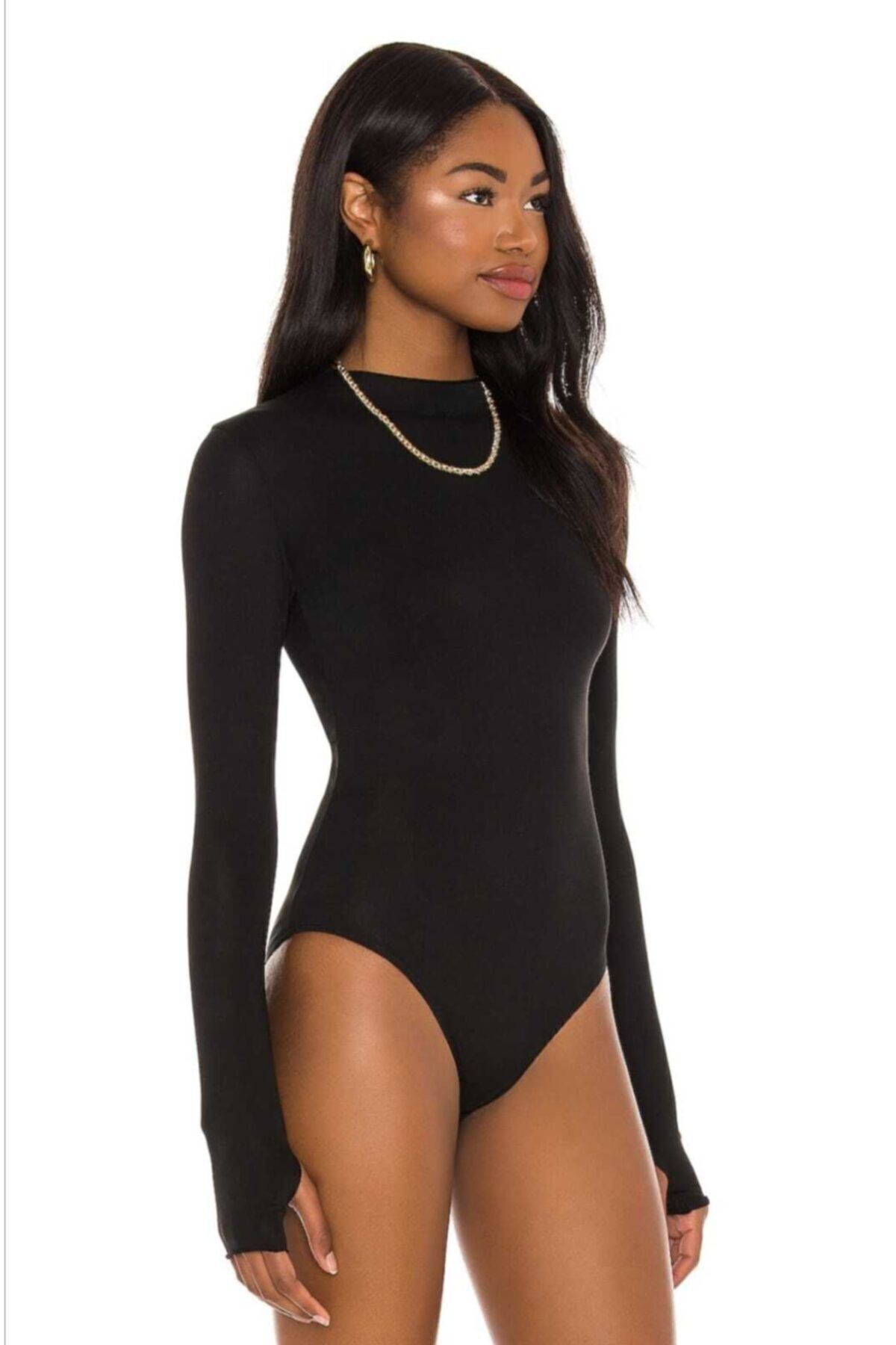 BSS Kadın Siyah Sıfır Yaka Parmak Geçmeli Bodysuit