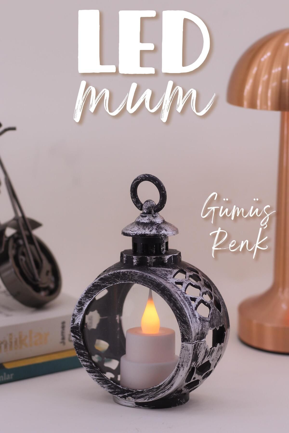 Retro Led Mum Yuvarlak Gaz Lambası Pilli Dumansız Mum Işıldak Yapay Mum Dekor Lambası Gümüş V416