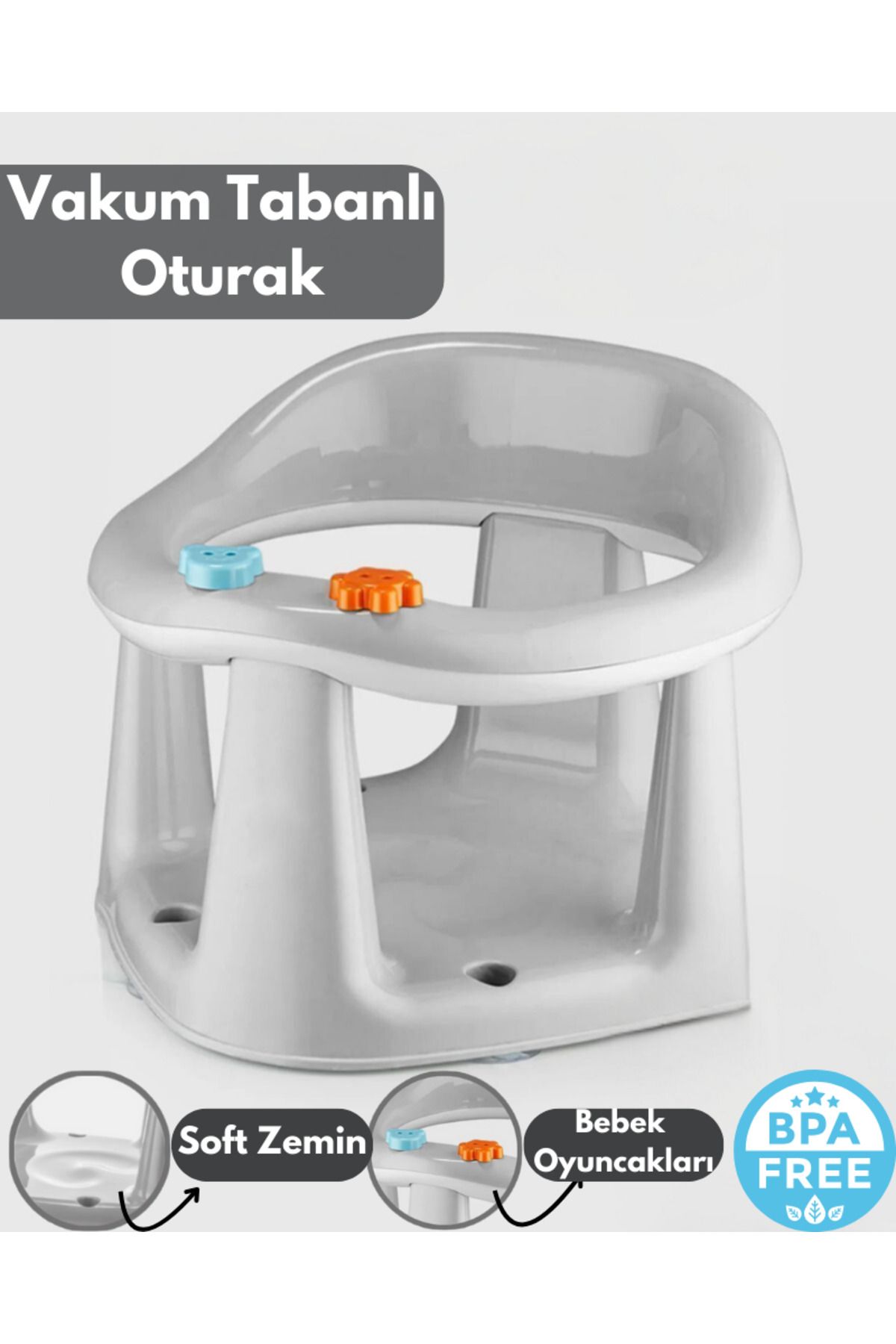 Bebek Banyo Oturağı - Vakum Tabanlı Bebek Mama Oturağı - Bel Destekli Vakumlu Banyo Oturağı Gri