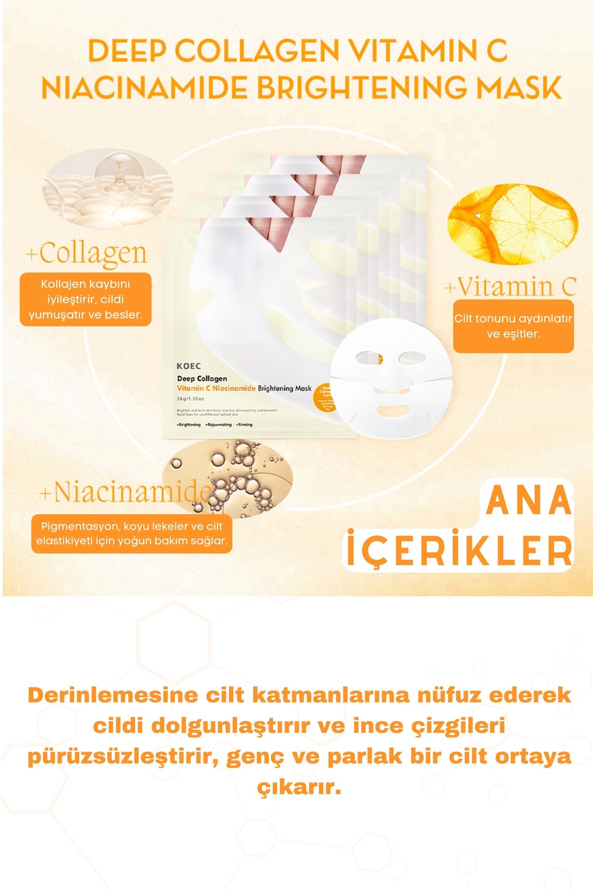 Bio Kolajen Şeffaflaşan Doğal Cilt Kore Maskesi Anında Parlaklık Nemlendirme - C Vitamin Niacinamide