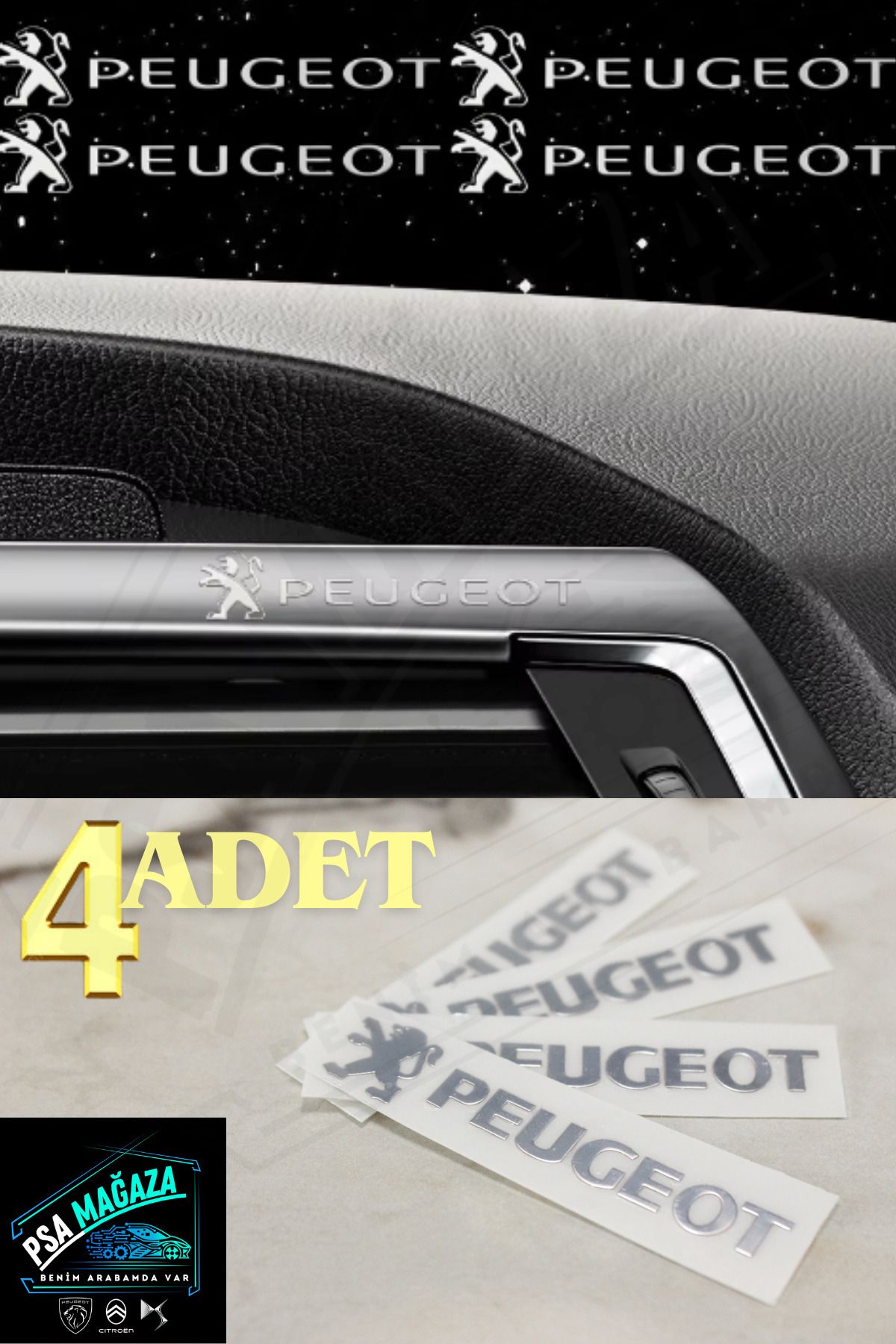 Peugeot Yazılı Metalize Mini Sticker [4 ADET] Araca Özel Şık Tasarım Peugeot Logolu Metal Sticker