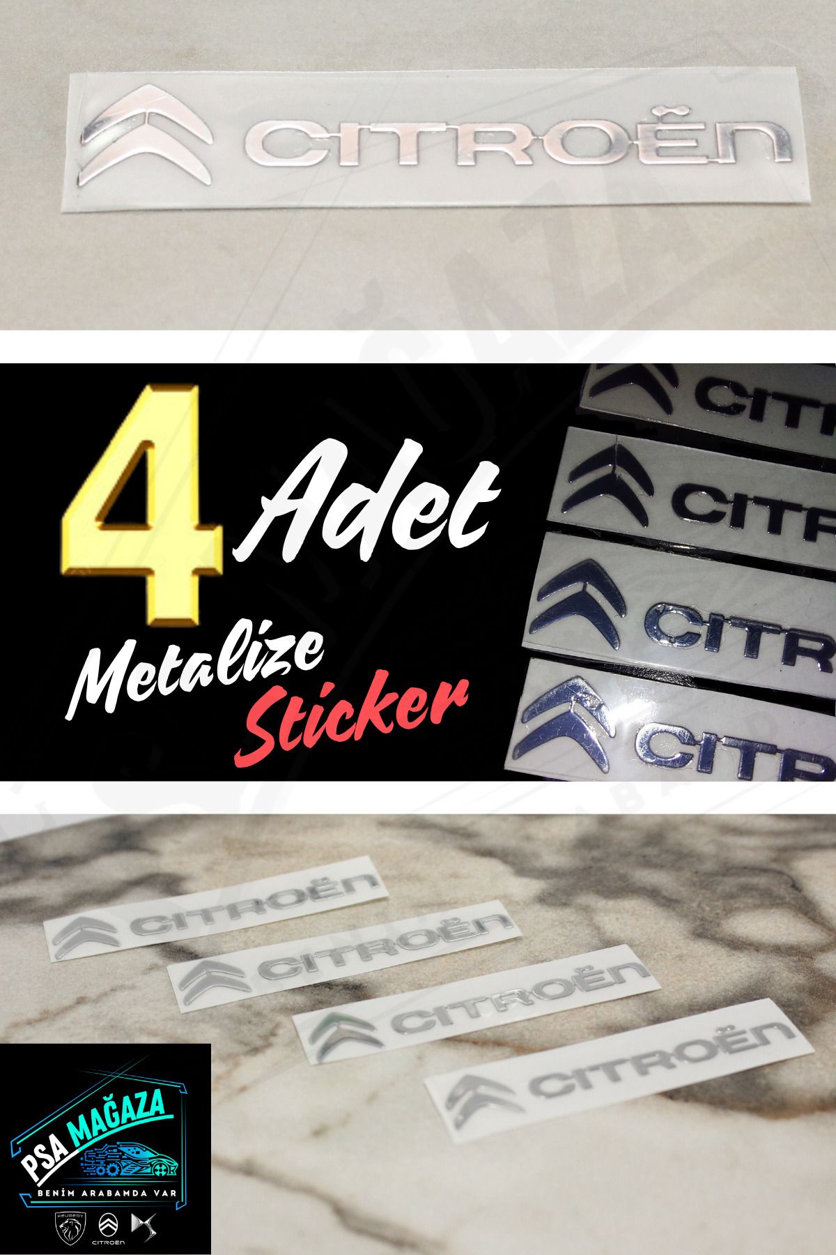 Citroen Yazılı Metalize Mini Sticker [4 ADET] Araca Özel Şık Tasarım Citroen Logo Metal Sticker