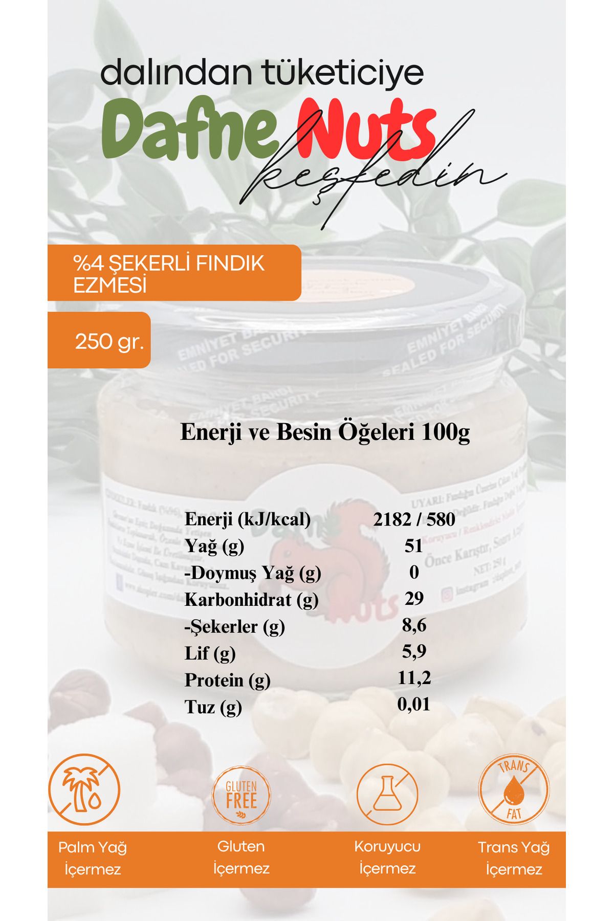 %4 Şekerli Fındık Ezmesi 250 gr.