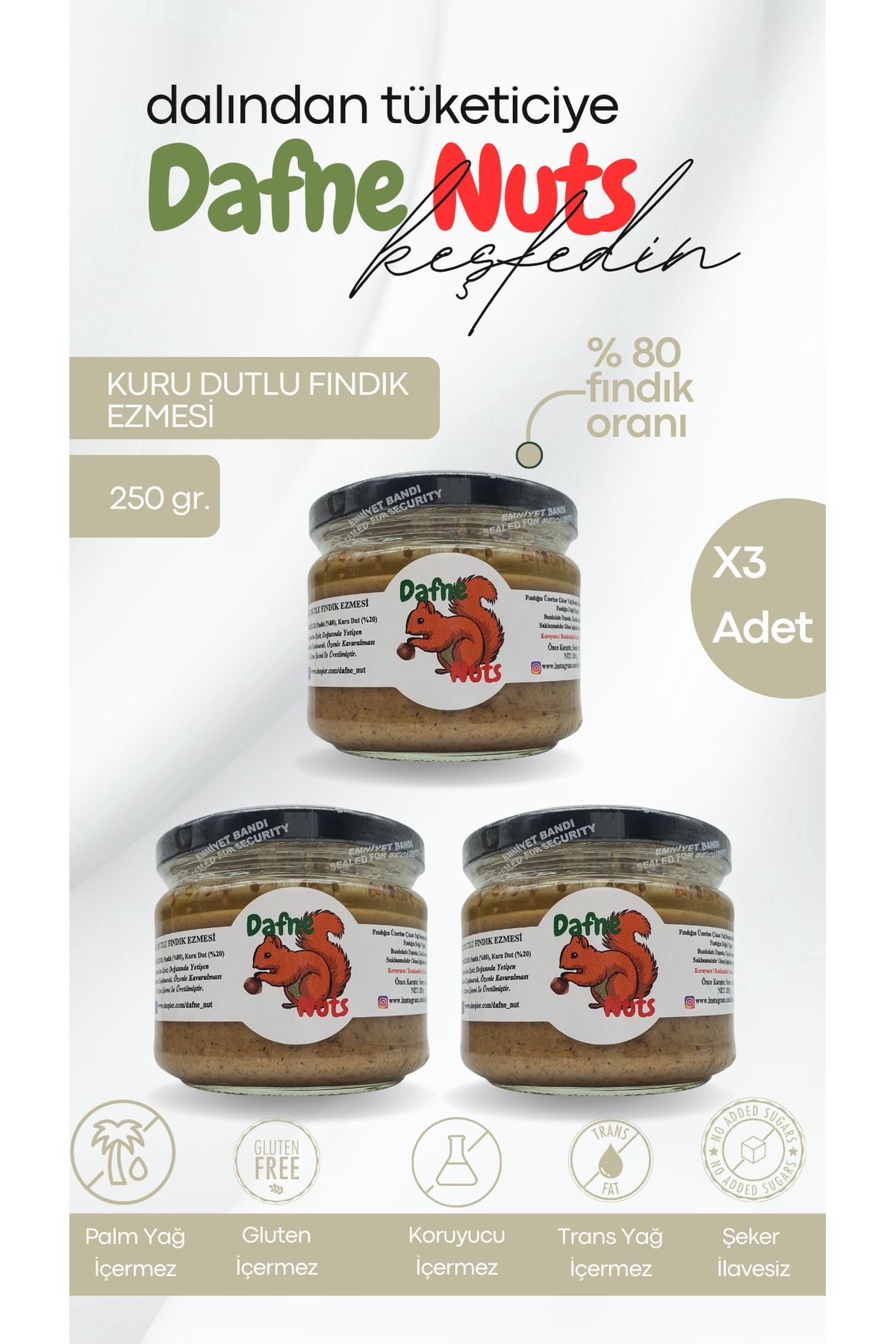 Dafne Nut KURU DUTLU FINDIKEZMESİ 250 GR (3 A...