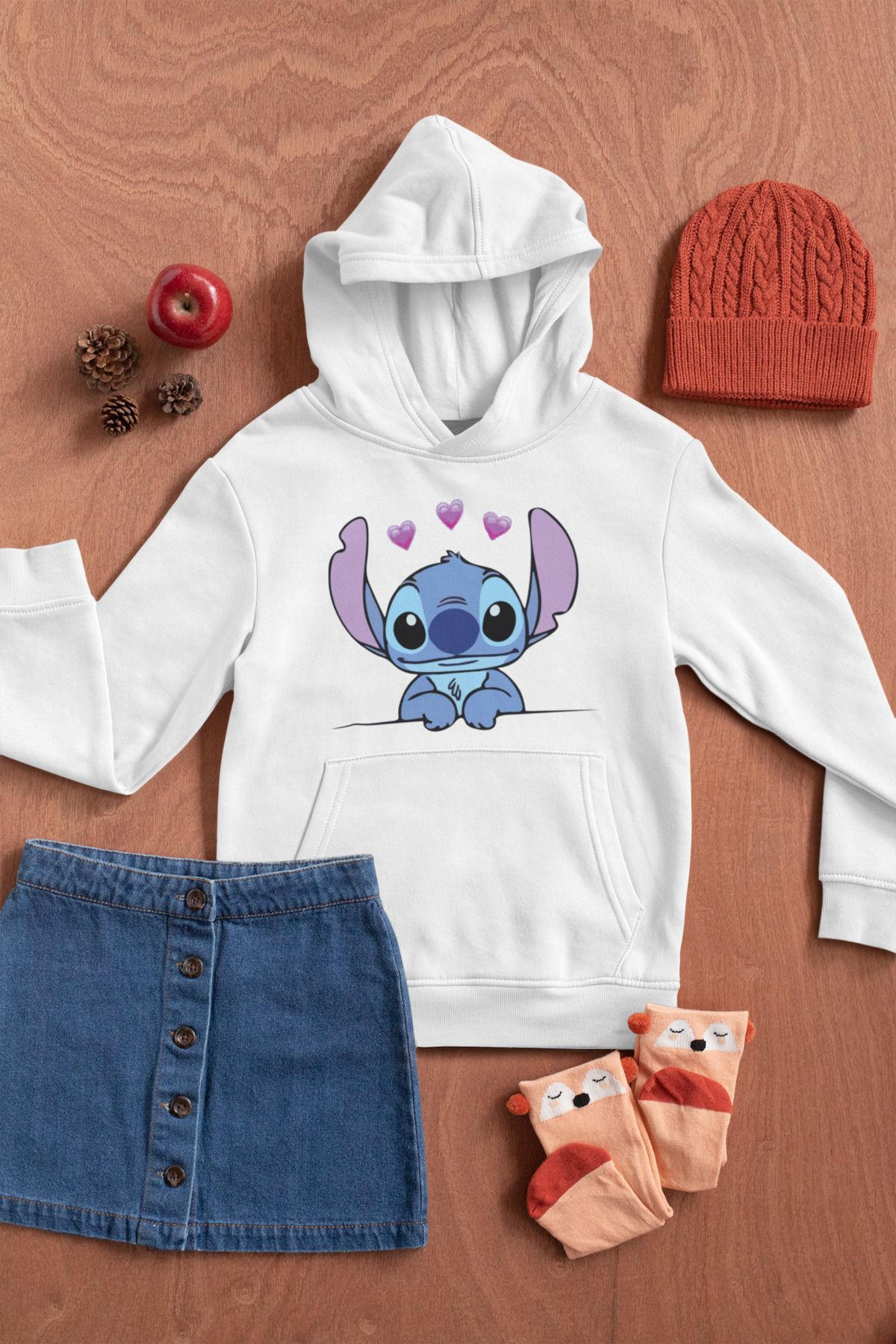 STITCH BASKILI PAMUKLU UZUN KOLLU ŞARDONLU 3 İPLİK KAPŞONLU SWEATSHIRT