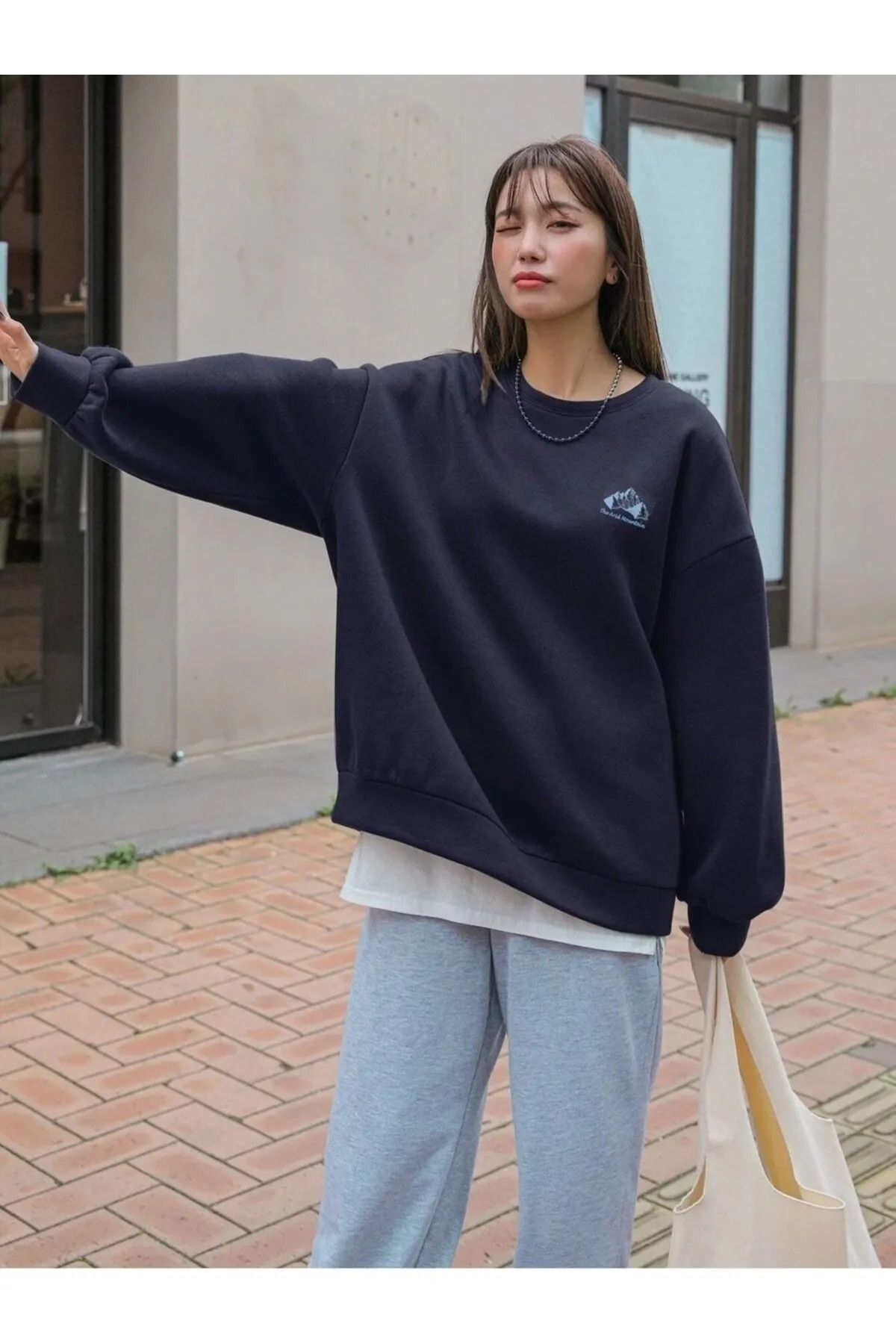 Arid Mountain Sweatshirt - Lacivert Baskılı Oversize Şardonlu Bisiklet Yaka