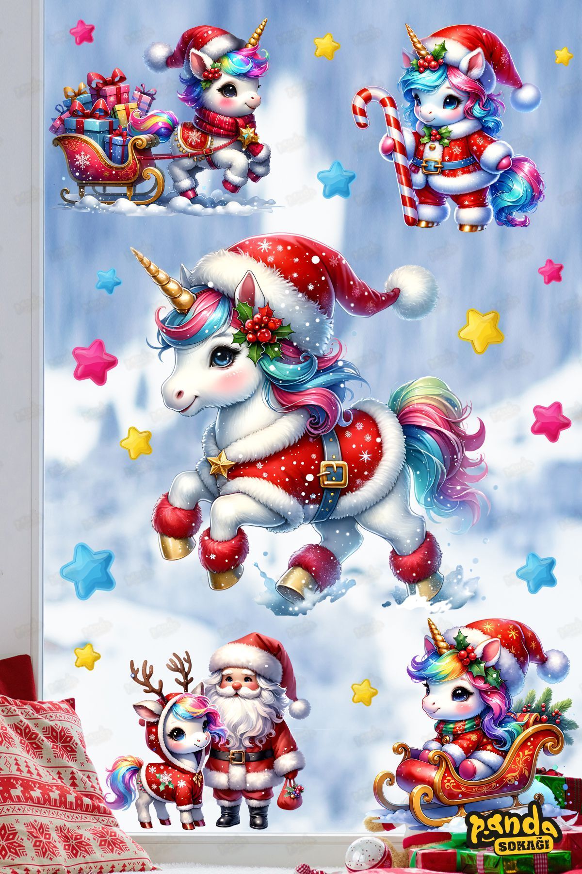 Yeni Yıl Renkli Unicorn ve Noel Baba Sticker Seti, Yeni Yıl Unicorn Duvar, Çocuk Odası, Cam