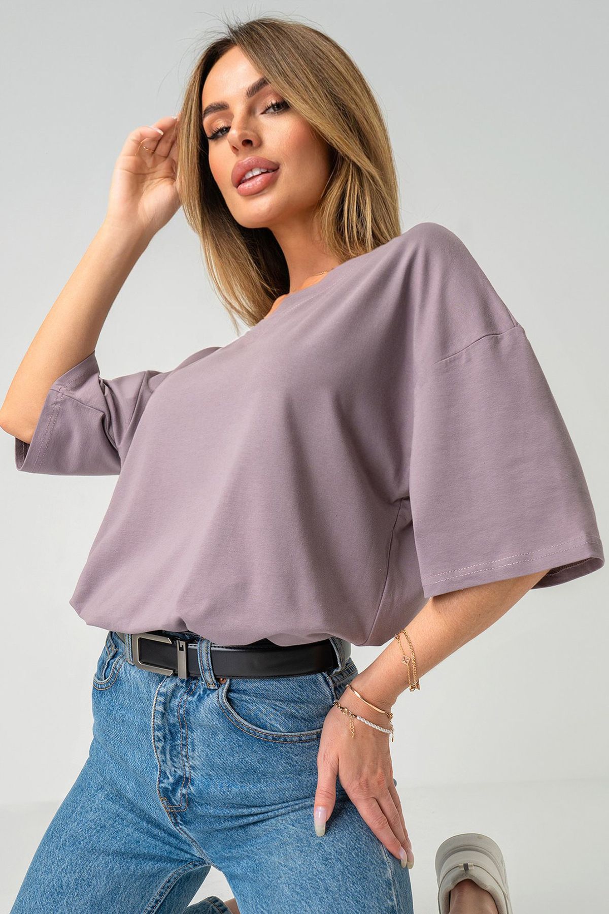 Pamuklu Likralı Kadın V Yaka Baskısız Oversize Düz T-shirt Basic Mokka