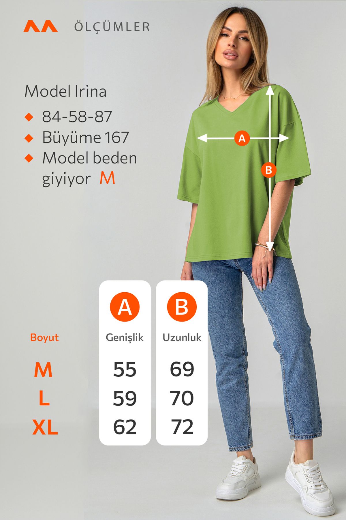 Pamuklu Likralı Kadın V Yaka Baskısız Oversize Düz T-shirt Basic Çimen Yeşili