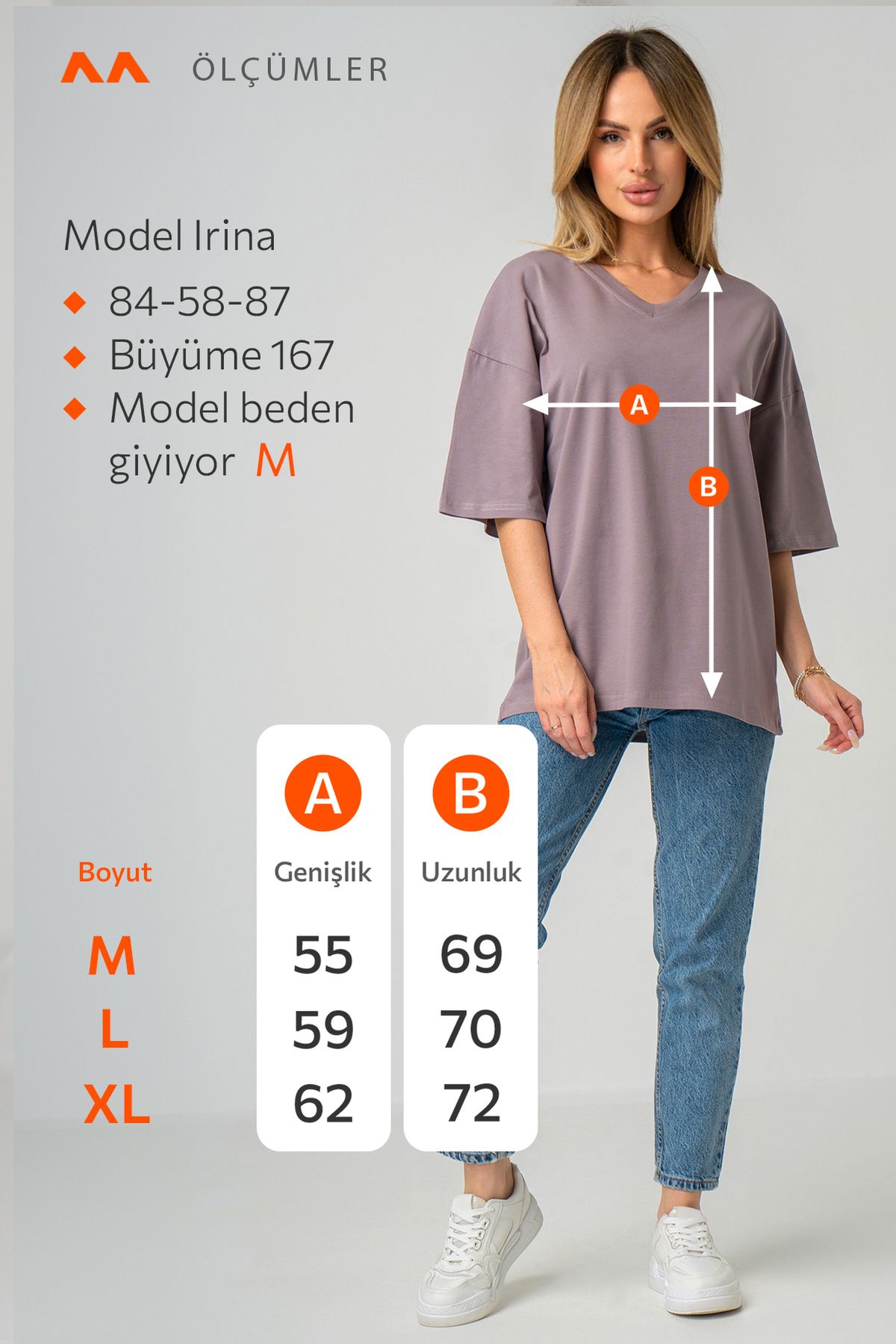 Pamuklu Likralı Kadın V Yaka Baskısız Oversize Düz T-shirt Basic Mokka