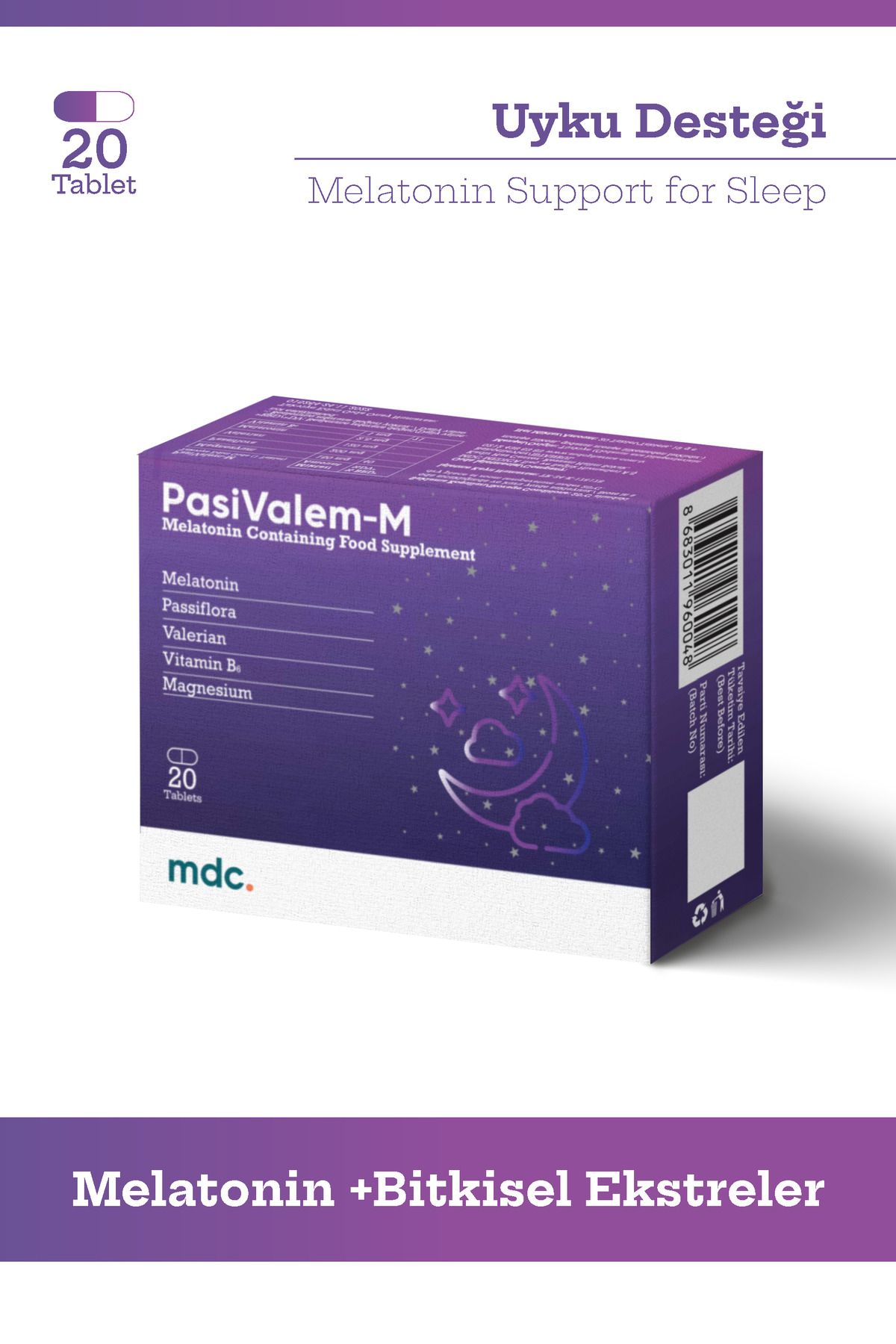 Pasivalem Melatonin (MELATONİN, PASİFLORA, VALERİAN, B6, MAGNEZYUM) 20 Tablet